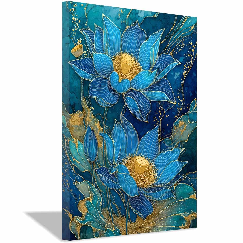Hoqiu Multicolor Flowers Canvas Blue Lotuses Gold Art Artwork, Wall Decoration Living Room Bedroom Hallway Stairs Decoration.(Multicolor)-70X100cm Framed