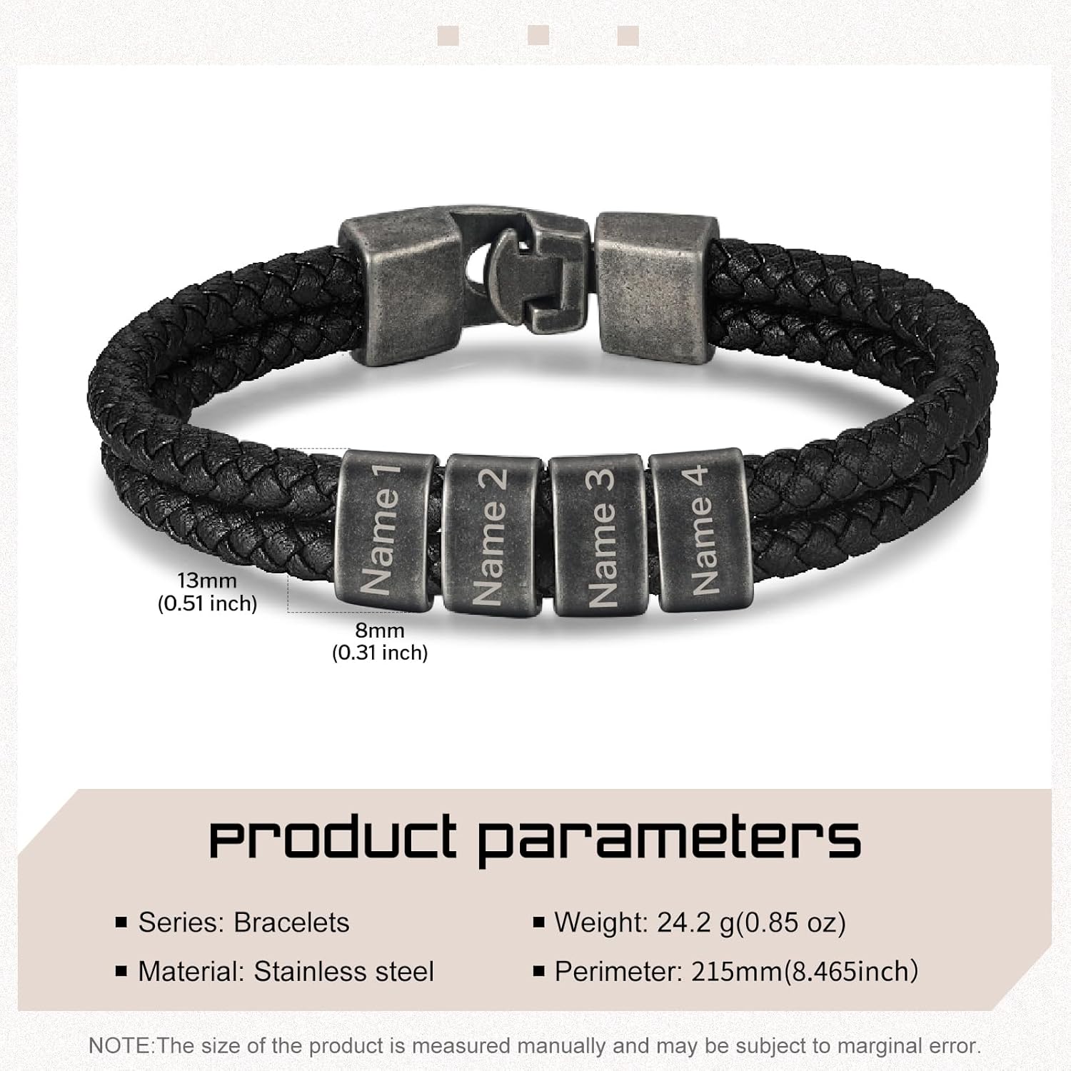 Custom Name Bracelet for Men, Personalized Mens Leather Braceletwith 2-5 Vintage Beads Engraved Family Names Bracelet Customized Fathers Day Christmas Gifts for Dad Husband Grandpa