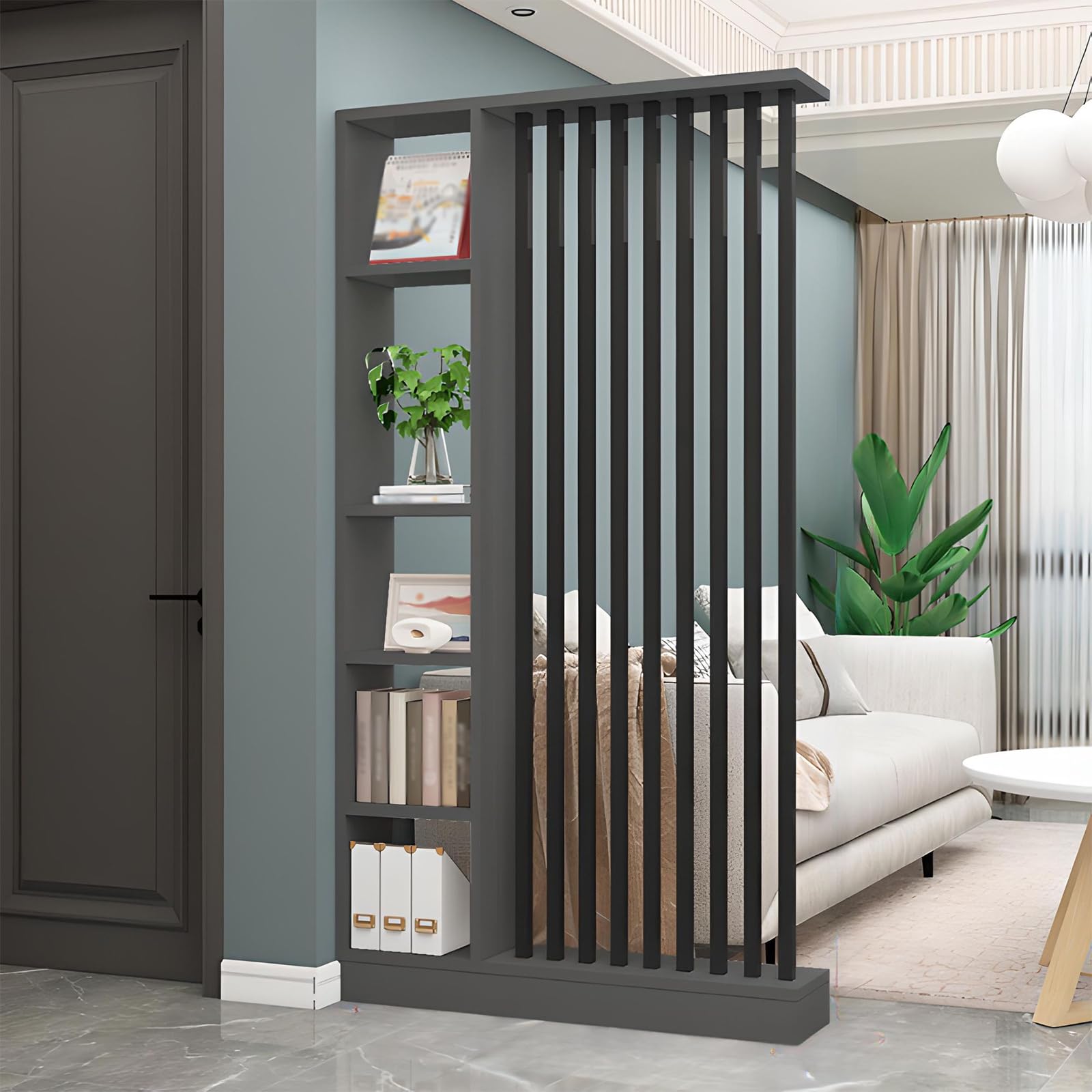 Room Divider with Shelves, Entrance Hall Partition Screen Column Floor to Ceiling - Room Divider with Storage Shelf, Easy Assembly Freestanding Decor for Bedroom, Office (Black + Gray, 120cm / 47.2in)