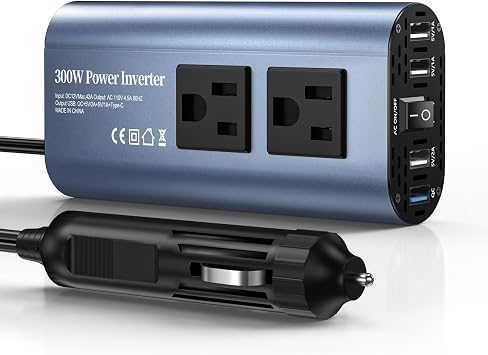 300W Car Power Inverter, DC 12V to 110V AC Car Plug Adapter Outlet with USB-Fast Charger25W USB-A20W and Dual AC Outlet, QC3.0, 4 USB Ports, Car Charger for LaptopPhone, etc