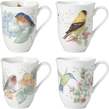 Lenox Coffee Mug Set, Butterfly Meadow Flutter 4-Piece Mugs, Service For 4, 12 Ounce Mug, Chip Resistant White Porcelain, Microwave And Dishwasher Safe, Ceramic Mugs, Coffee Cups Assorted, 4 Piece