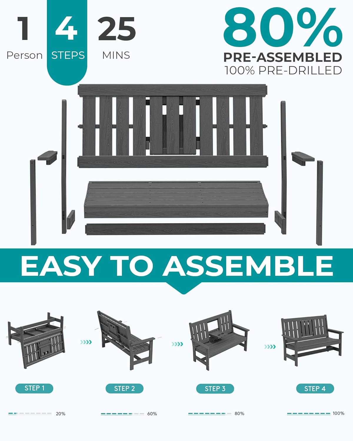 SERWALL Outdoor Bench with Cup Holder, 58" HDPE Garden Park Bench Suitable for 3 Person, All Weather Patio Benches with High Backrest and Wide Armrests for Garden, Park, Yard, Front Porch, Grey