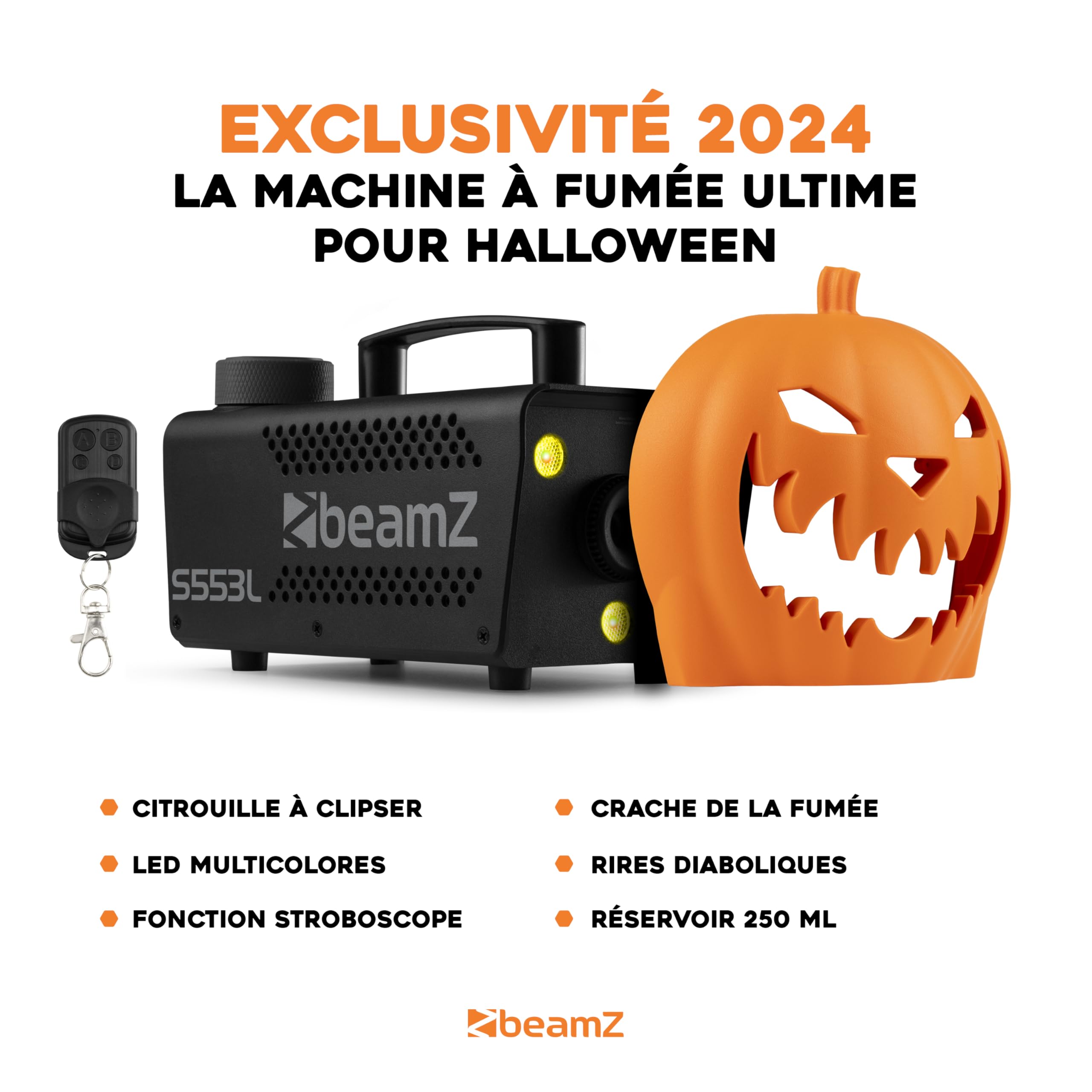 Machine à Fumée Halloween avec Citrouille Animée, Rires Diaboliques et Effets Lumineux - Ambiance Effrayante Halloween pour une Soirée Unique, Exclusivité BeamZ 2024, Liquide Inclus
