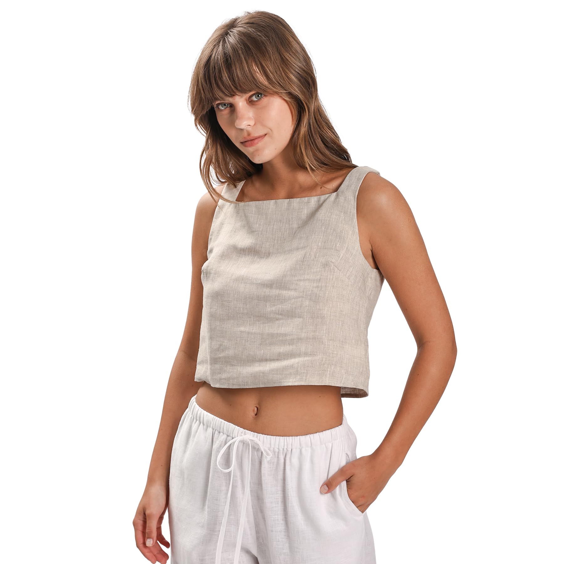 Amazhiyu Top da donna, estivo, 100% lino, casual, senza maniche, scollo quadrato, camicetta in puro lino per UK S-XL