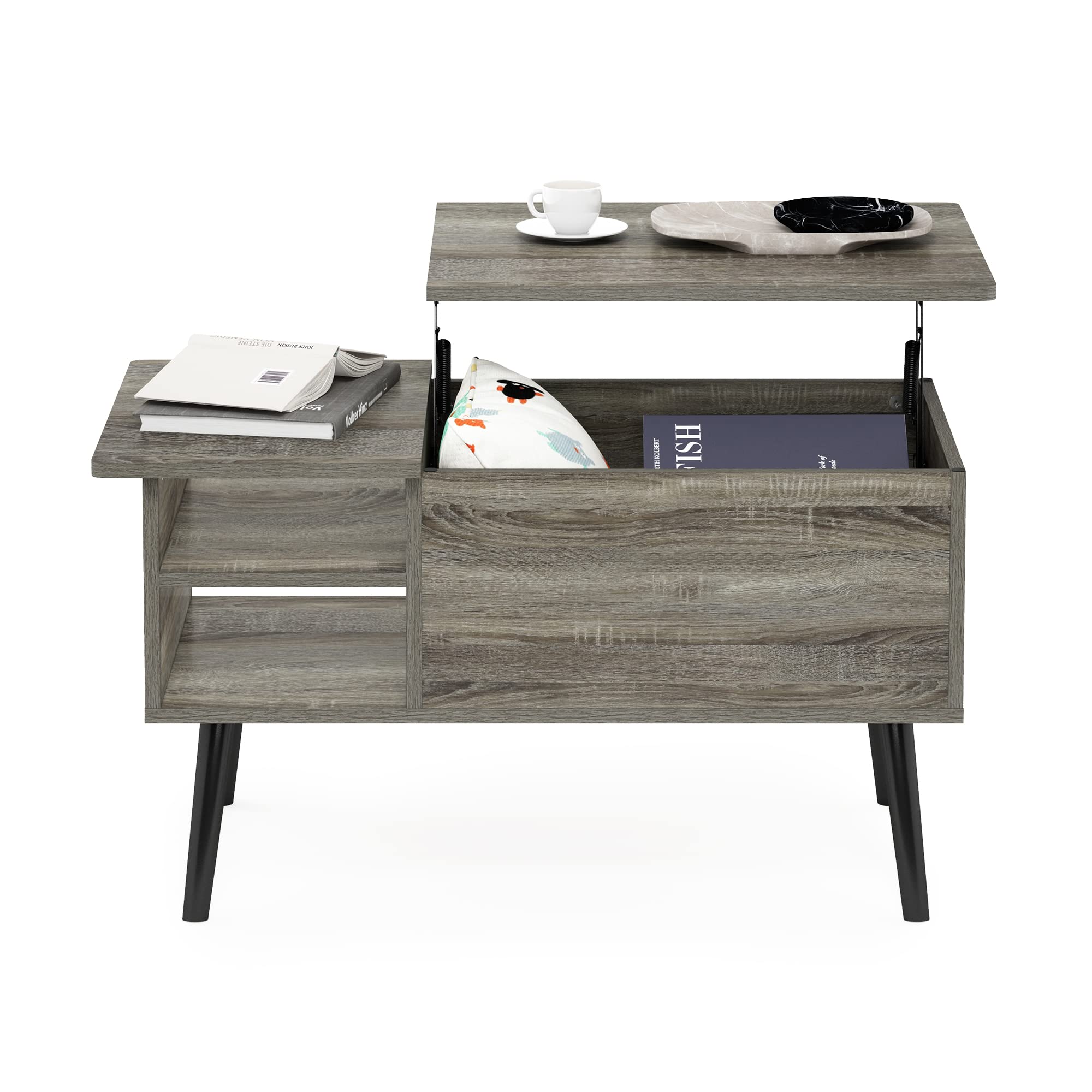 Furinno Mesa de Centro Jensen Lift Top con Patas de Madera, ingeniería, Gris Roble Francés, 48.01 (D) x 89.99 (W) x 47.60 (H) cm