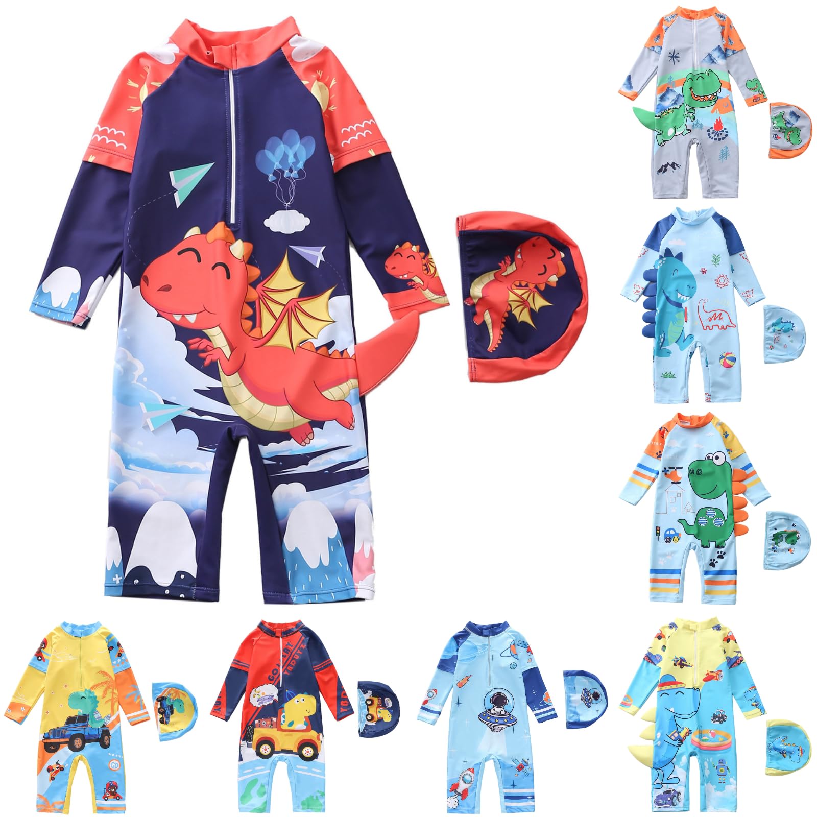 Bañador Niño 3D Cola Dinosaurio Traje Baño Manga Larga Protección Solar UPF 50+