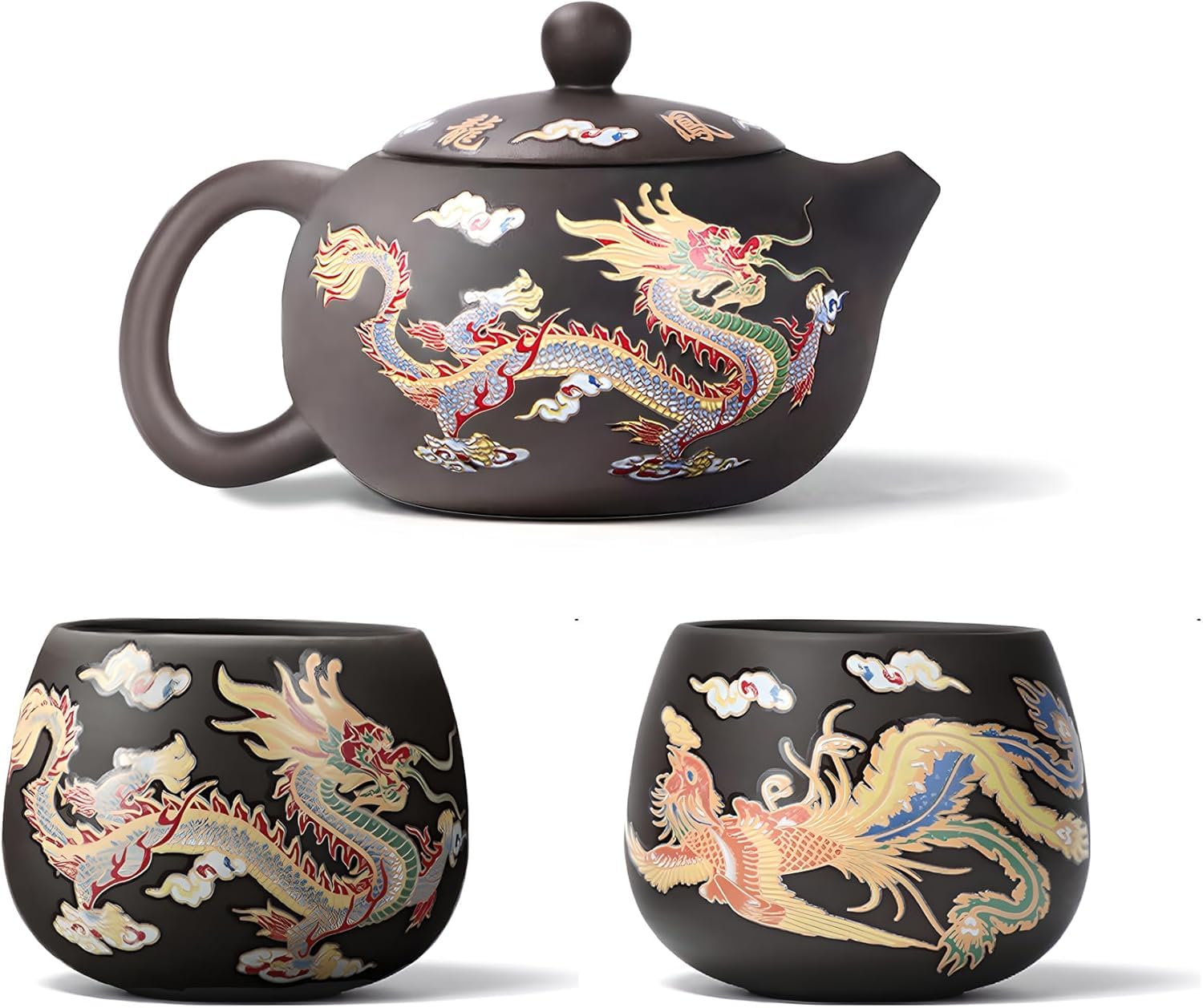 Azonee Handmade Chinese Dragon Tea Set, Dragon and Phoenix Color Changing Purple Clay Teapot With 2 Teacups, Suitable for Living Room, Leisure, Kung Fu Tea Lovers Gift