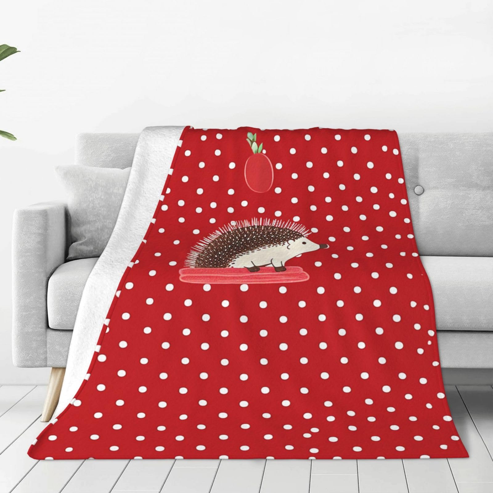 Red Polka dot Hedgehog Throw Blanket for Couch, Plush Fuzzy Soft Flannel Blankets and Throws for Sofa, 80"x60" Bed Blankets for Travel Camping Chair, All Season Warm Fleece Blanket