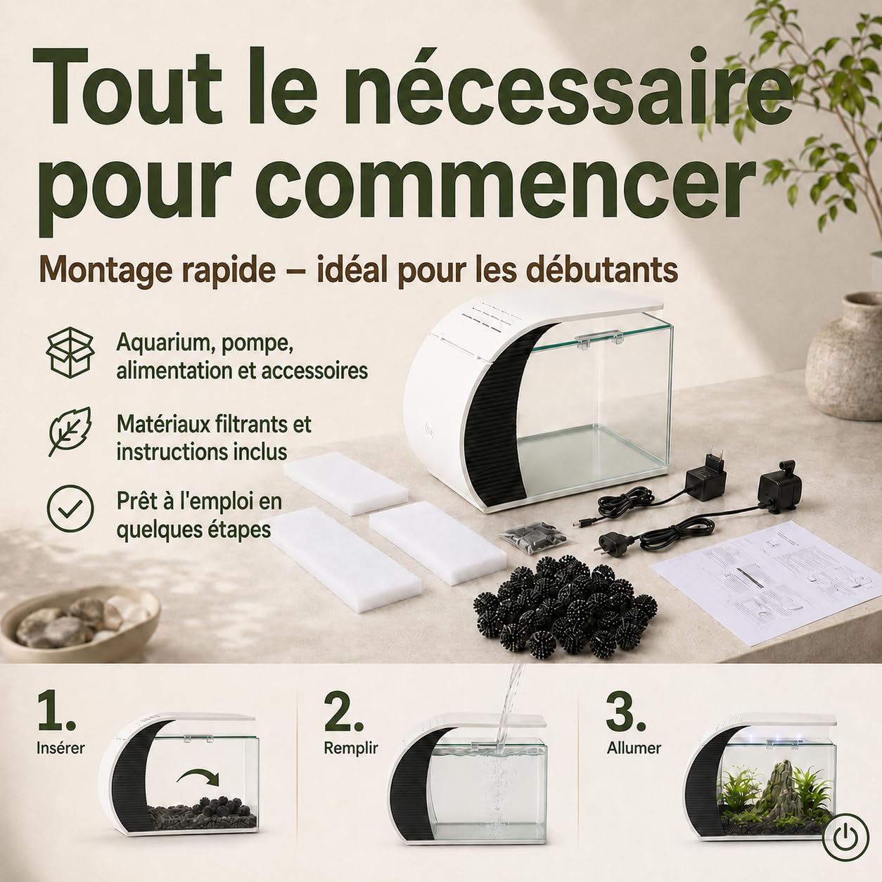 Aquarium de 5 gallons, avec éclairage LED et pompe à eau, capacité pour poissons d'ornement, crabes, plantes, idéal pour salon, chambre à coucher, bureau, décoration