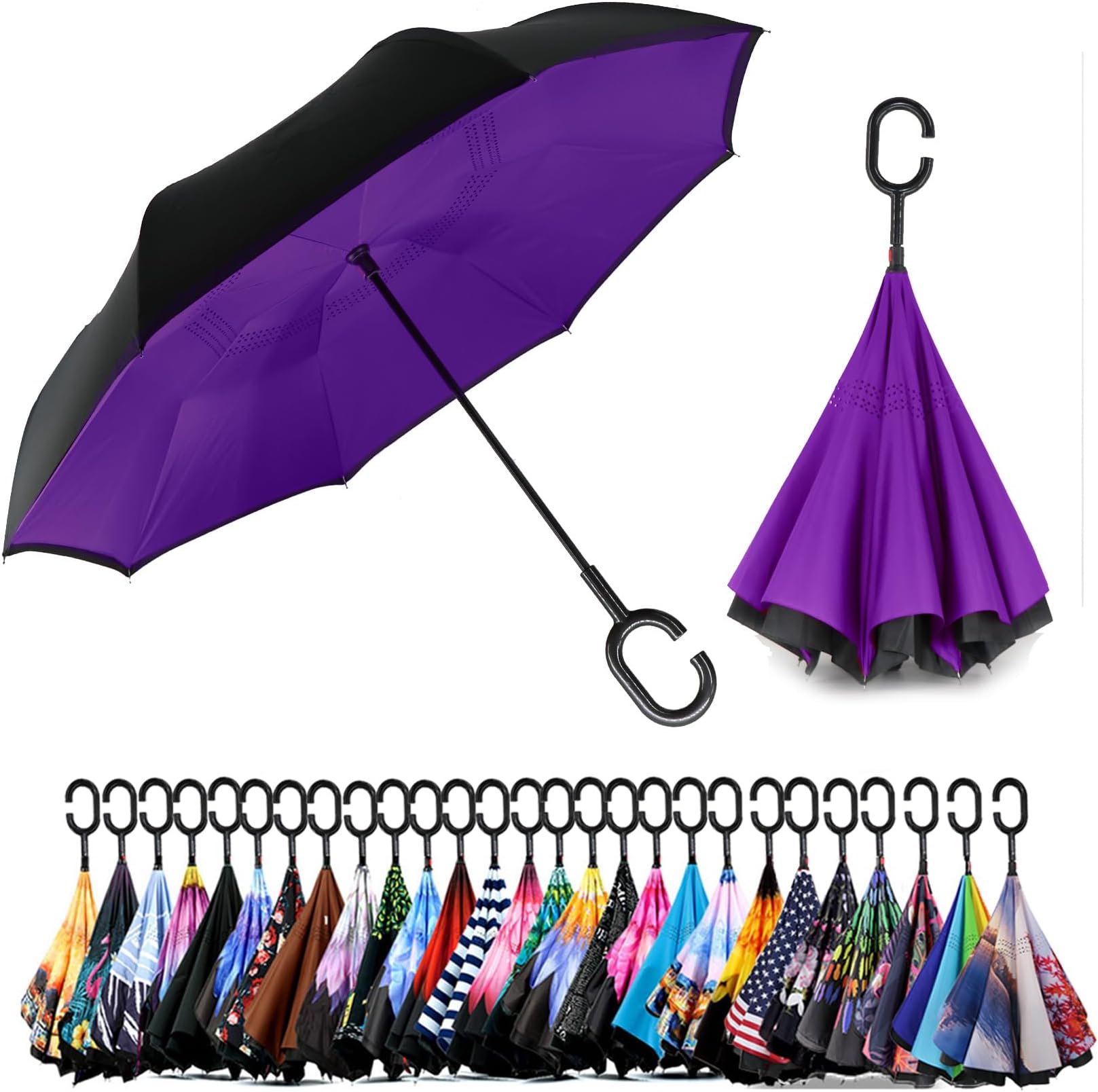 SIEPASASpar.saa Spar. Saa Double Layer Inverted C-Shaped Handle, Anti-UV Waterproof Windproof Straight Umbrella for Car Rain Outdoor Use