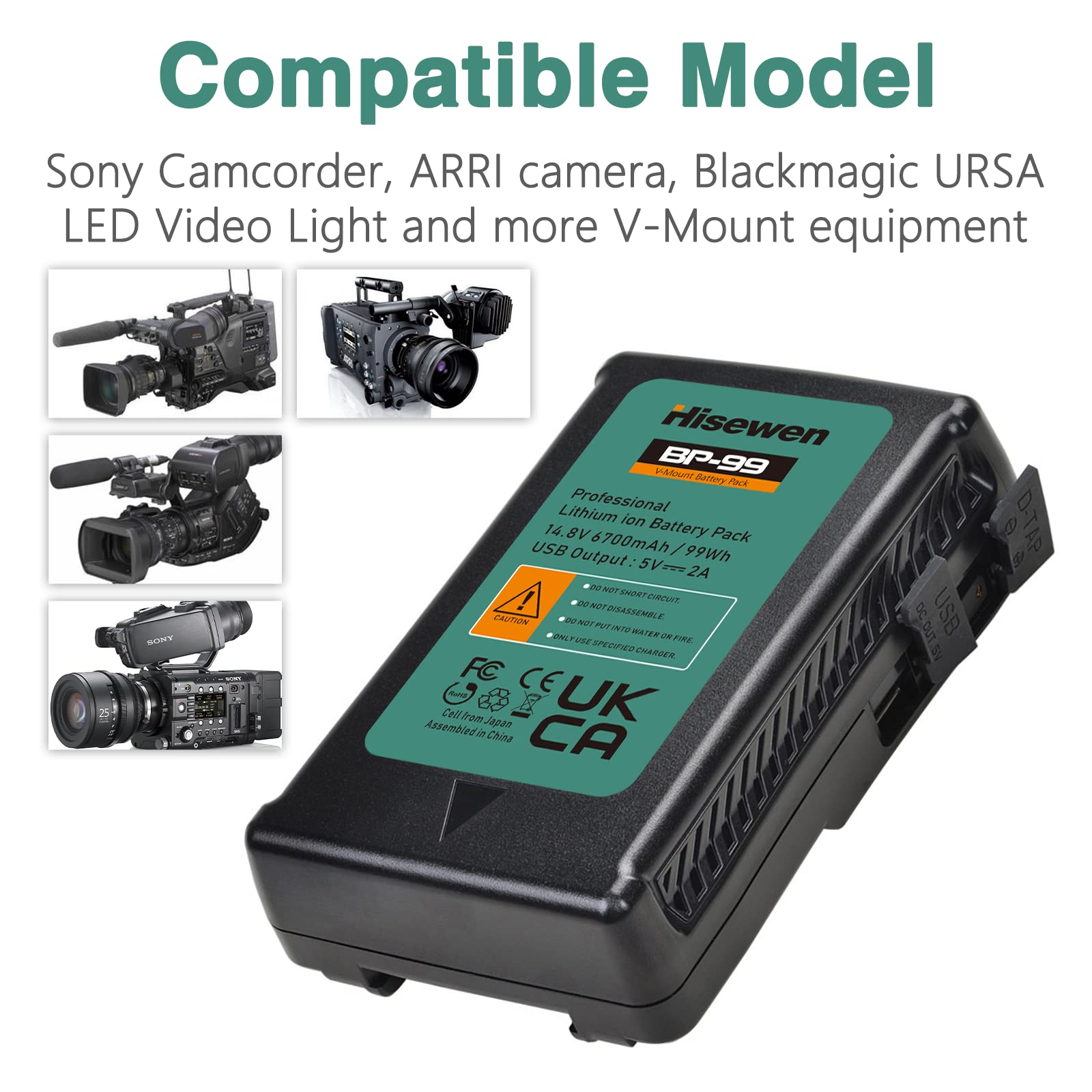 Batteria BP-99 V Mount 6700 mAh 99 Wh 14,8 V V-Lock e caricatore D-Tap per videocamera, monitor, videocamera, produzione di film