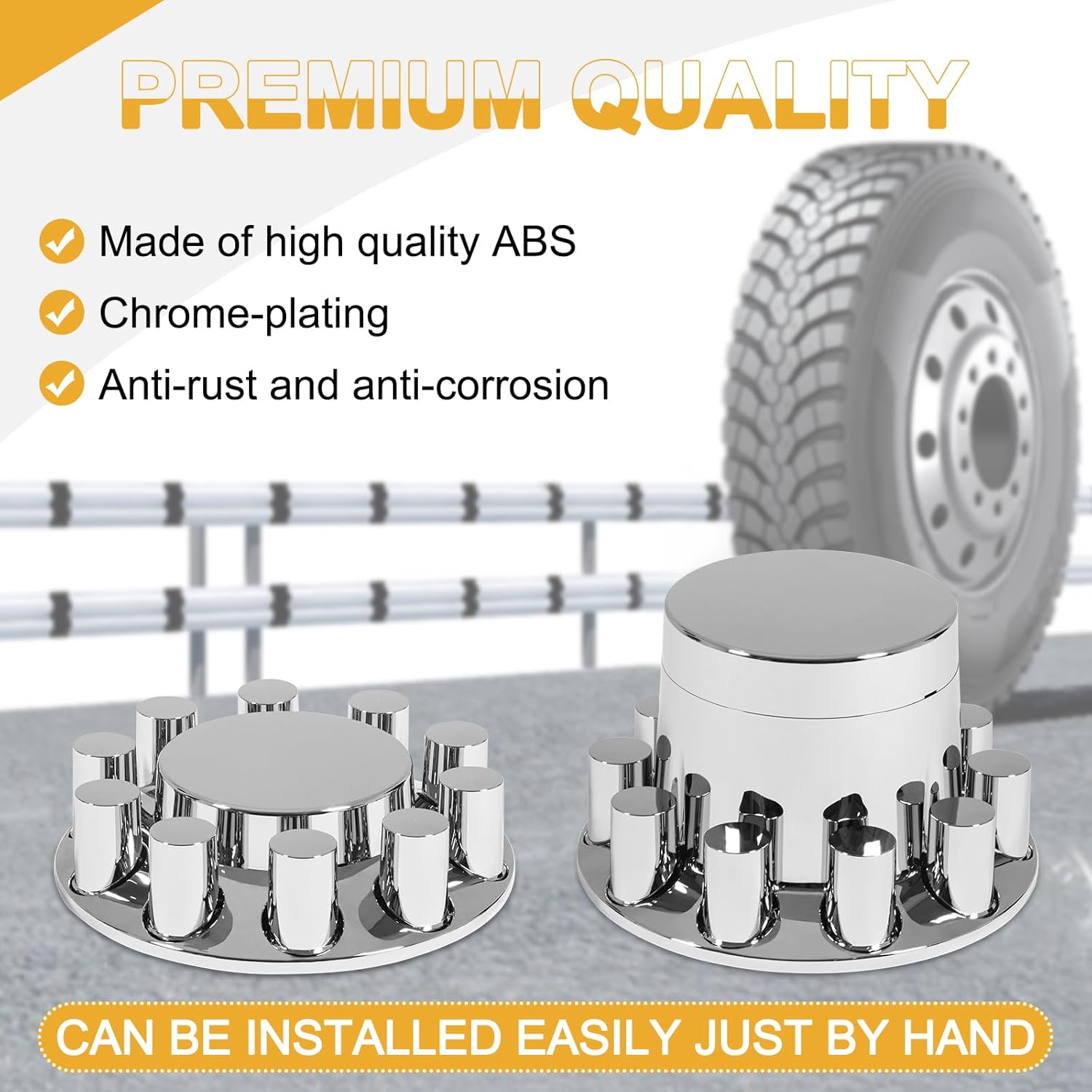 Axle Cover Chrome ABS Flat Top Combo Kit with 33mm Thread-on Lug Nut Covers 2 Front and 4 Rear Axle Wheel Covers and Removable Center Caps for Semi Trucks