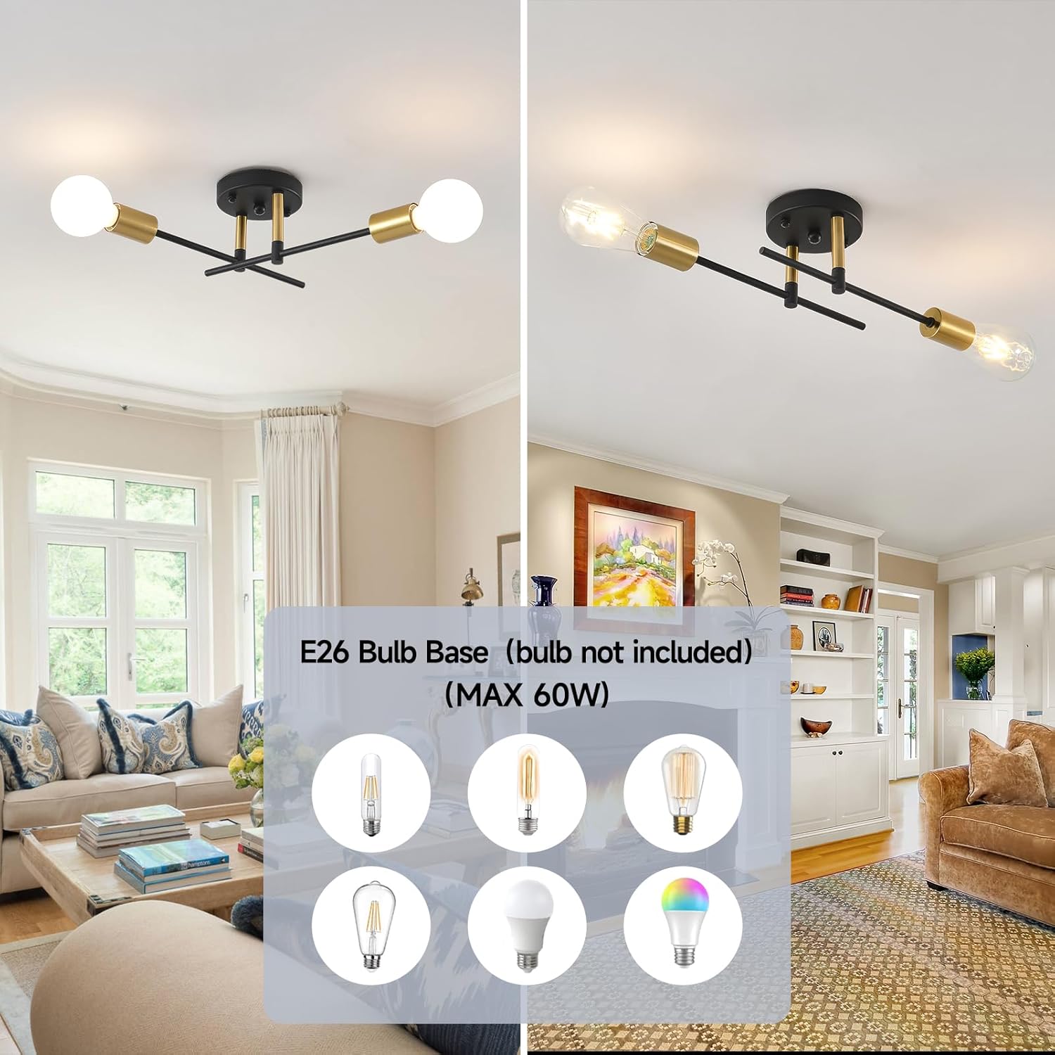 NILSE Modern Sputnik Chandelier, Adjustable Arm 2-Light Wall Lights, Industrial Semi Flush Mount Ceiling Lights Fixture, Ceiling Lighting Fixtures for Dining Bedroom Living Room Foyer Kitchen
