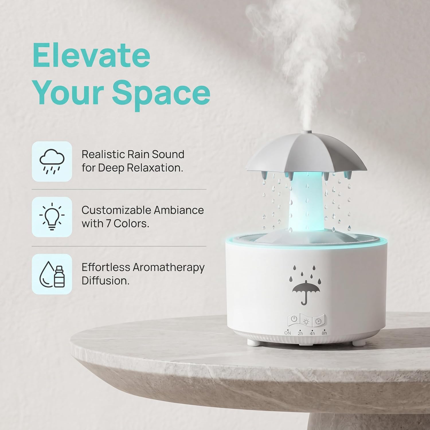 Rain Cloud Humidifier Water Drip, 300ml Essential Oil Diffuser with Raindrop Sounds & Rotating Top, 7 Color Changing Night Light, for Home, Office, Sleep