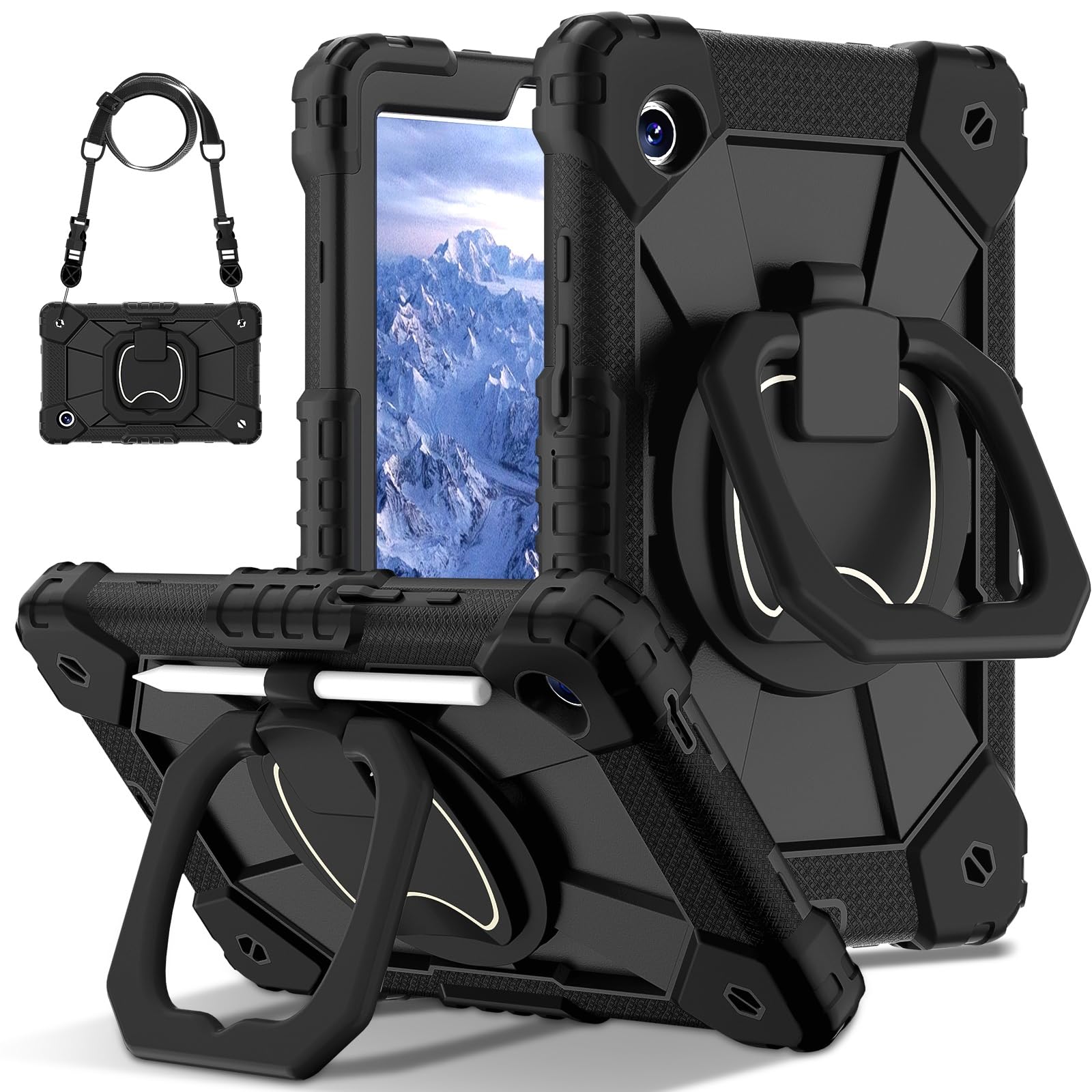 Etui do Samsung Galaxy Tab A9 2023 model 2023 (SM-X110/X115/X117), wytrzymałe etui na tablet PC z obrotową podpórką 360, paskiem na rękę/ramię (czarne)