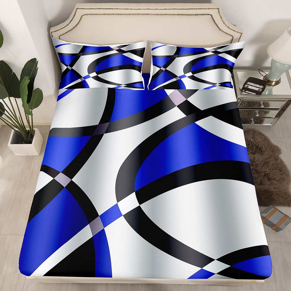 Juego de sábanas abstractas azules y blancas con bolsillo profundo, juego de sábanas geométricas circulares de remolino, juego de sábanas de rayas retro, juego de ropa de cama geométrico moderno, jue