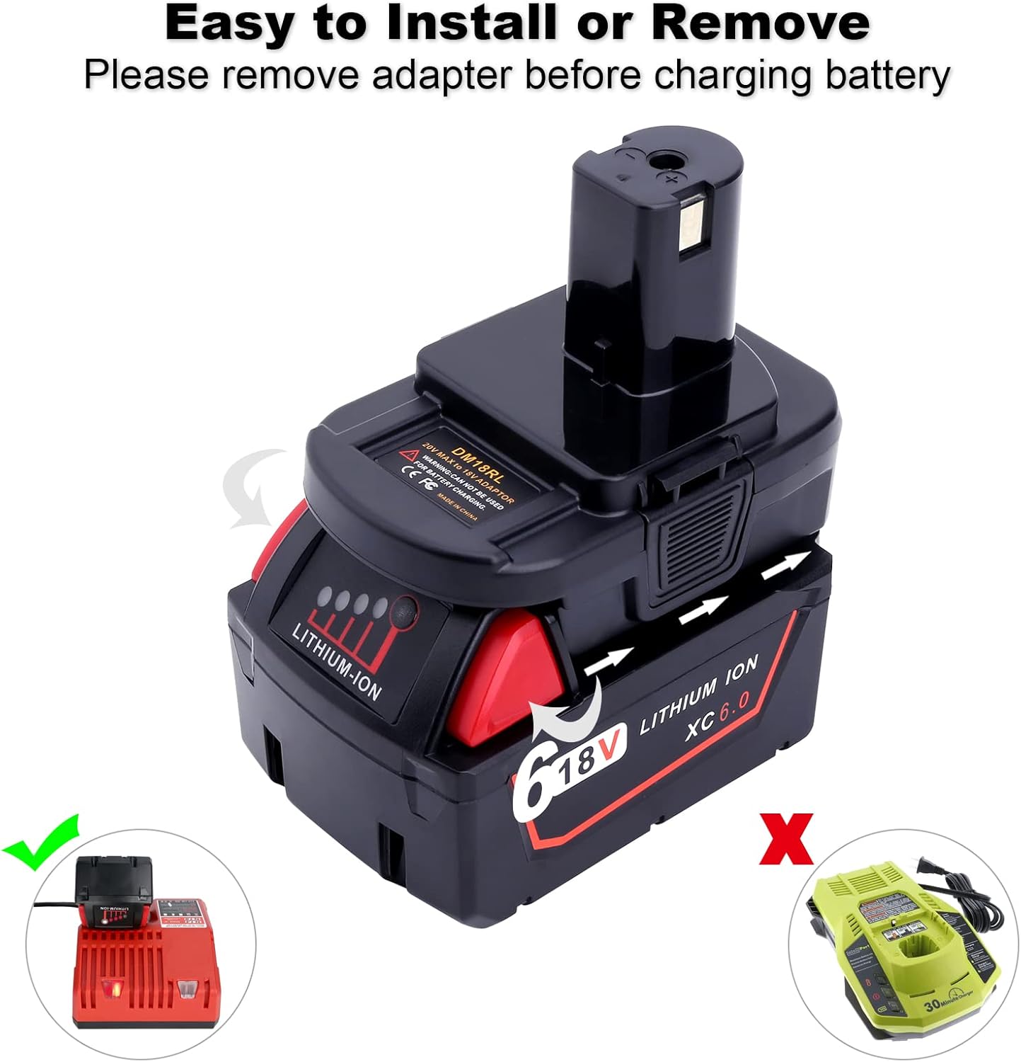 DM18RL Battery Adapter for De-Walt to Ryobi Battery&for Mil-K to ryobi,Convert De-Walt 20V/Mil-K 18V to Ryobi 18V One+ Lithium-ion Battery(Only Adapter) thumbnail