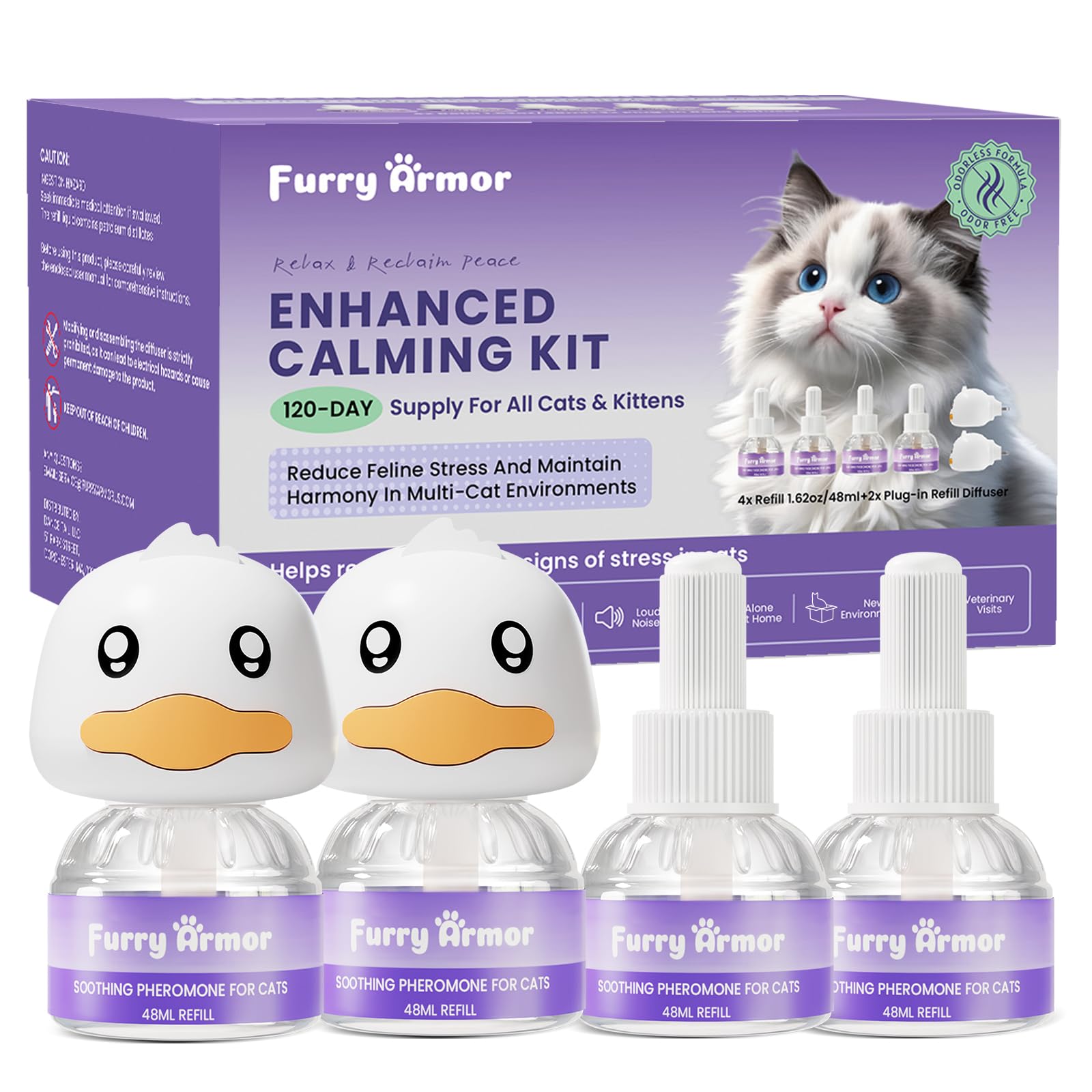 Cat Calming Pheromone Diffuser Kit with 2 Plug-in Bases & 4 Refills – Odorless, Drug-Free Anxiety Relief for Cats – Stops Excessive Meowing, Scratching(2 Diffuser+4 Refills)