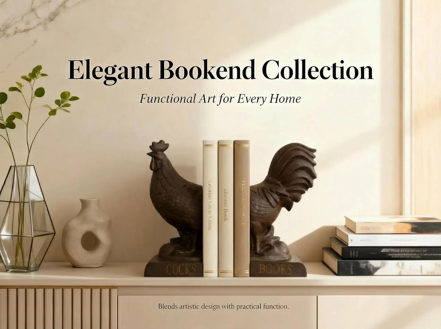 Comfy Hour 10" Bronze Rooster Antique Vintage Figurine Style Bookends, Rustic Farmhouse Animal Statue Home Decor, Heavy Duty Book Stoppers Pair