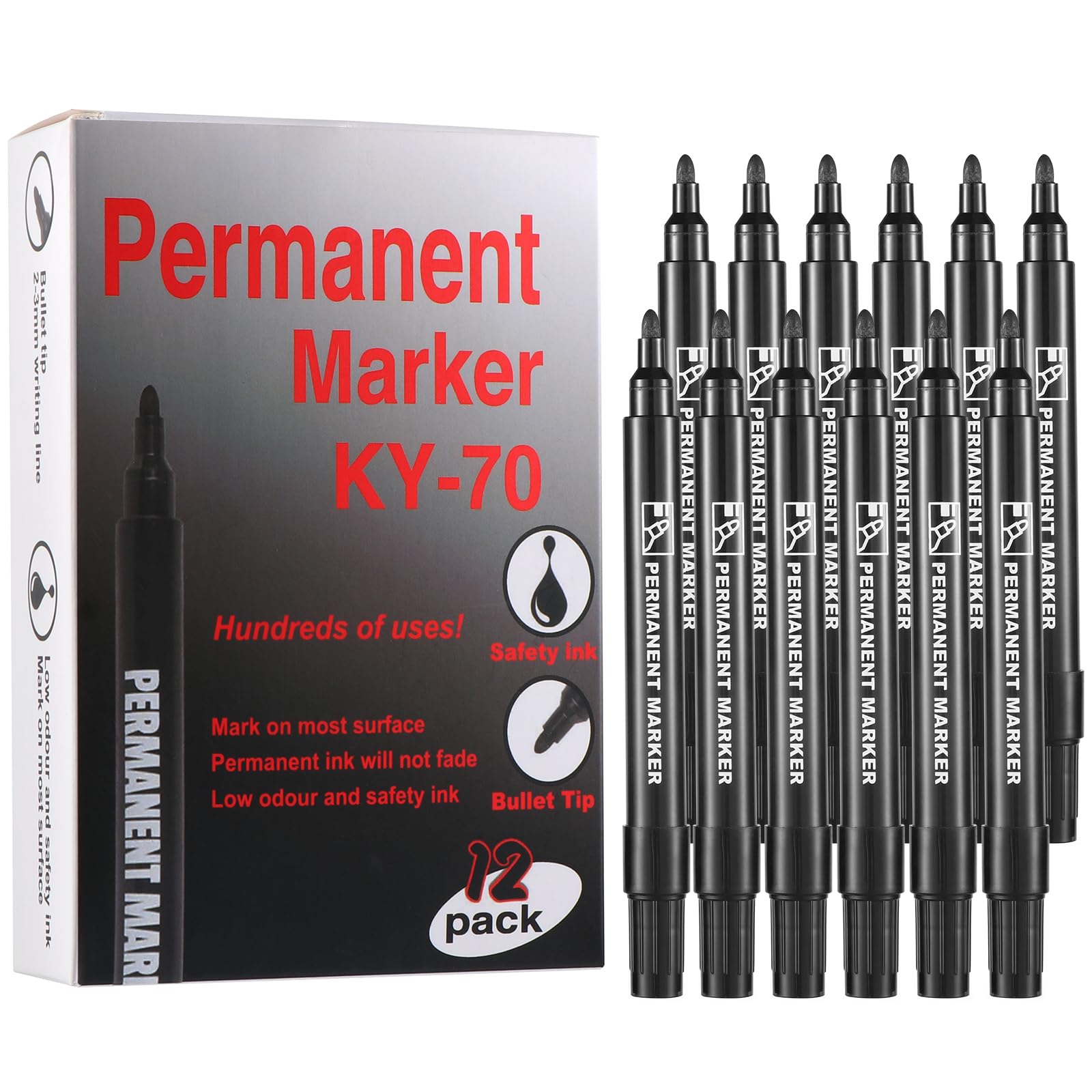 Diboniur Permanent Marker Pen Black Permanent Marker Pens 12 Pack Waterproof Quick Dry - For Plastic, Wood, Stone, Metal and Glass