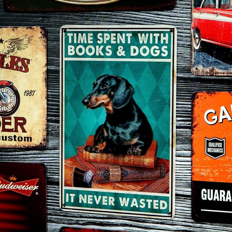 Image of Eazywagon Decorative Retro Metal Signs Wall Plate - 12x8 Inch (Books & Dogs) | Weatherproof Vintage Metal Sign Plate for Cafe, Home, Bar, Garage | Decorative Wall Hanging Sign Board