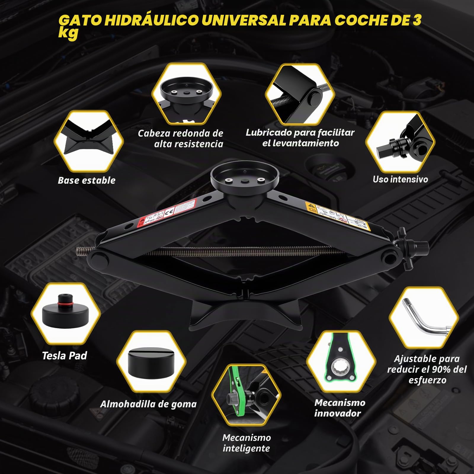 KAOLALI Gato de Tijera 3T/3000kg, Kit de Gato Coche Portátil con Bloque De Goma Llave de Tuercas de Rueda, Kit de Emergencia Universal para Automóvil SUV MPV Tesla Model 3/Y/S/X