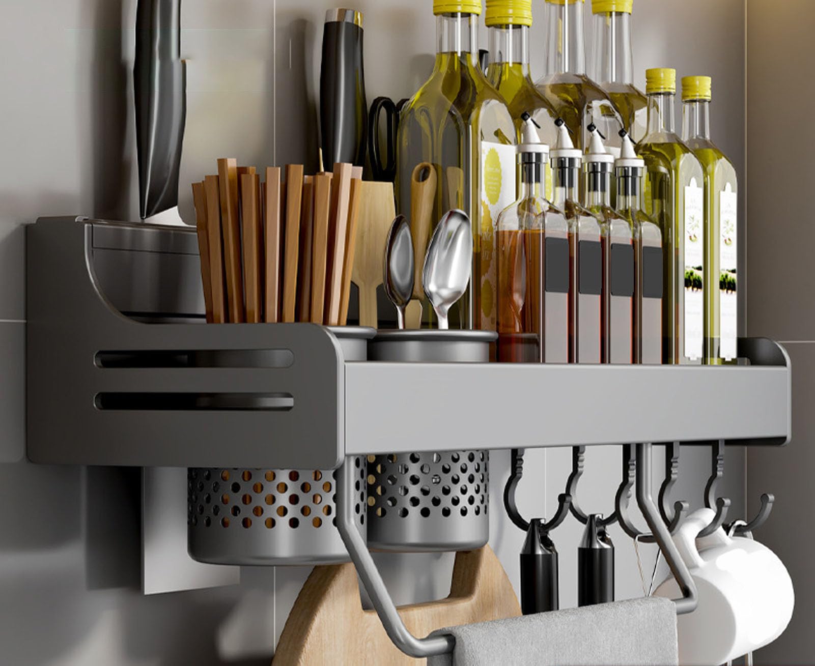 GLJTUO Wall-Mounted Spice Rack - Metal Hanging for Kitchen Spices, Seasoning Holder with Towel Holder, Knife Storage, Hooks & Utensil (Grigio 40Cm),Grigio-40Cm