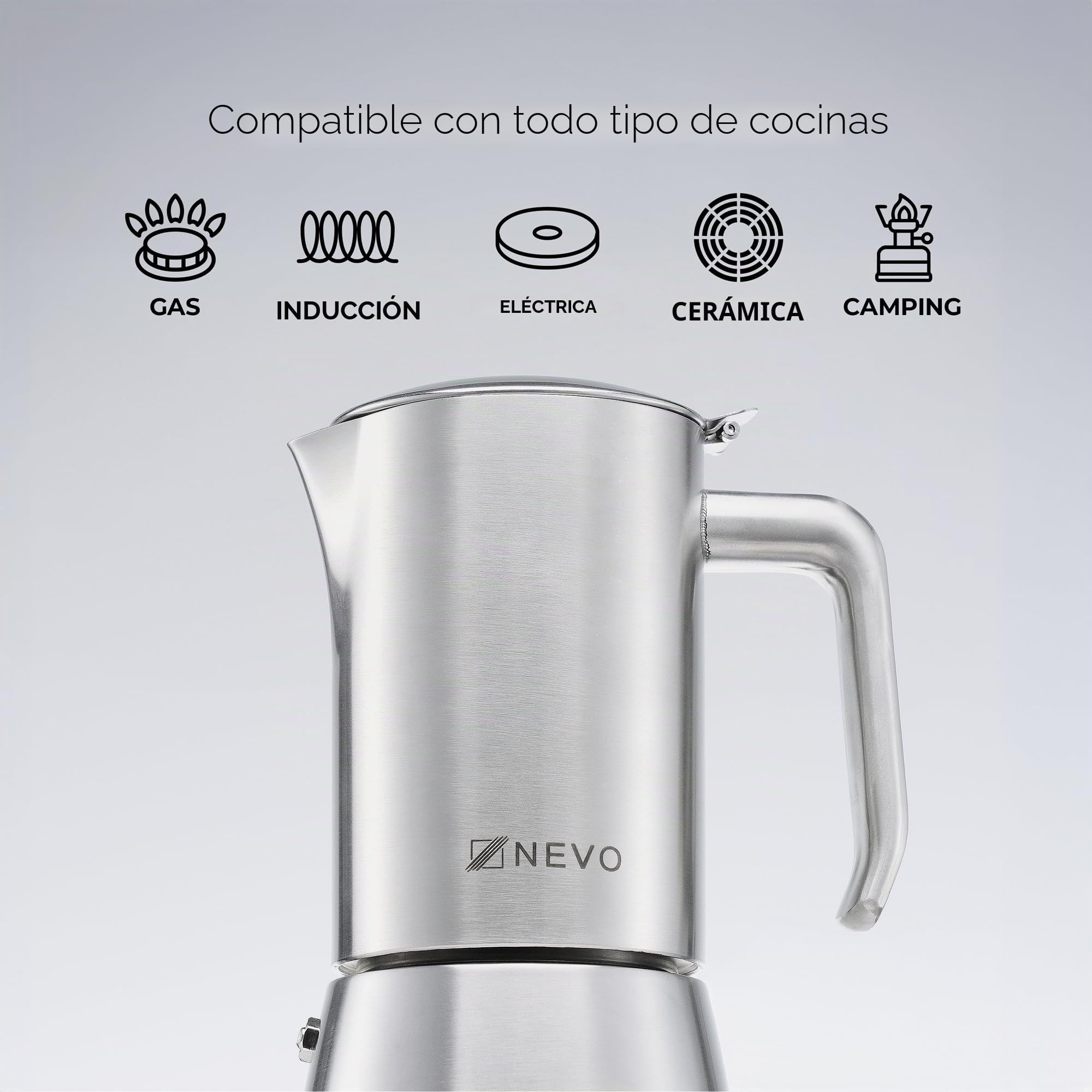 NEVO Cafetera de inducción de acero inoxidable, 6 tazas, libre de BPA y sostenible, para todo tipo de fuegos y camping, apta para lavavajillas, juego premium de cafetera moka – elegante para los