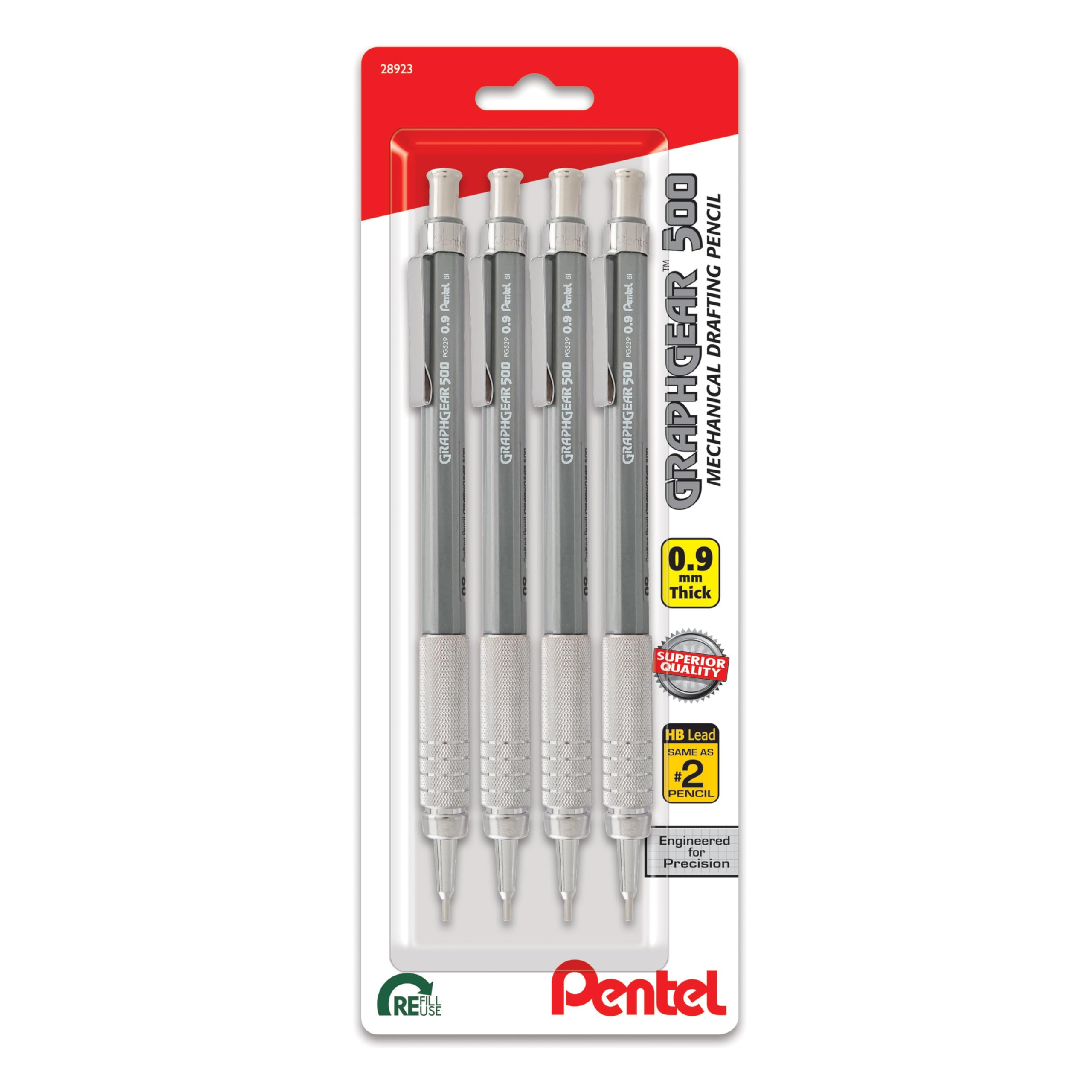 Pentel GraphGear 500 Mechanical Drafting Pencil, (0.9mm), Bold Line, Gray Barrel, Pack of 4 (PG529BP4N)