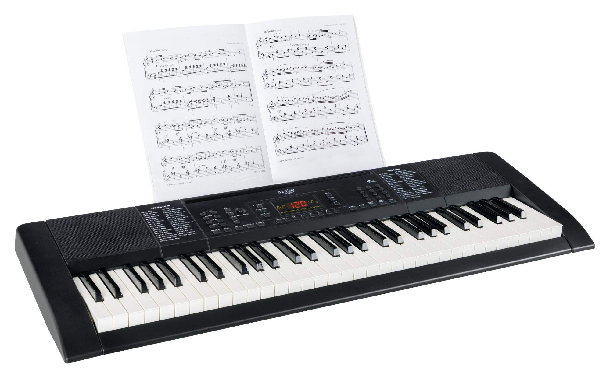 FunKey 61 Edition Nero, 300 suoni, 300 ritmi, 40 brani demo, Metronomo | Sustain, vibrato, double voice, trasposizione, split tastiera, intro/ending, drum, Funzione di registrazione, Uscita cuffie