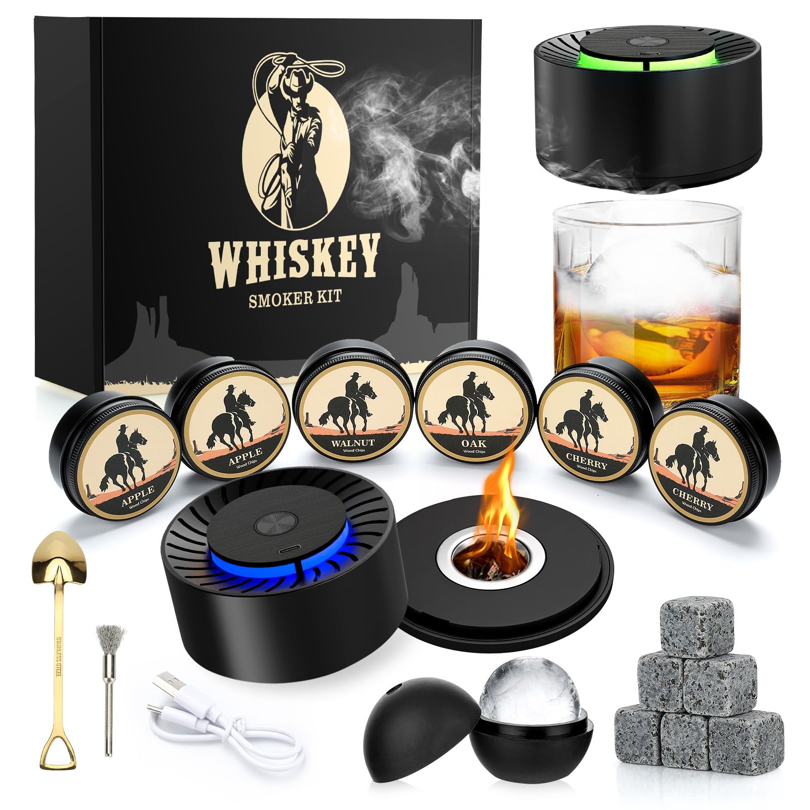 Papa Geschenk, Elektrisches Whisky Smoker Set-6 Holzspänen, 6 Whisky Steine, Eisball-Form, Wiederaufladbare Whiskey Smoker Set, Cocktail Smoker Kit for Husband, Boyfriend