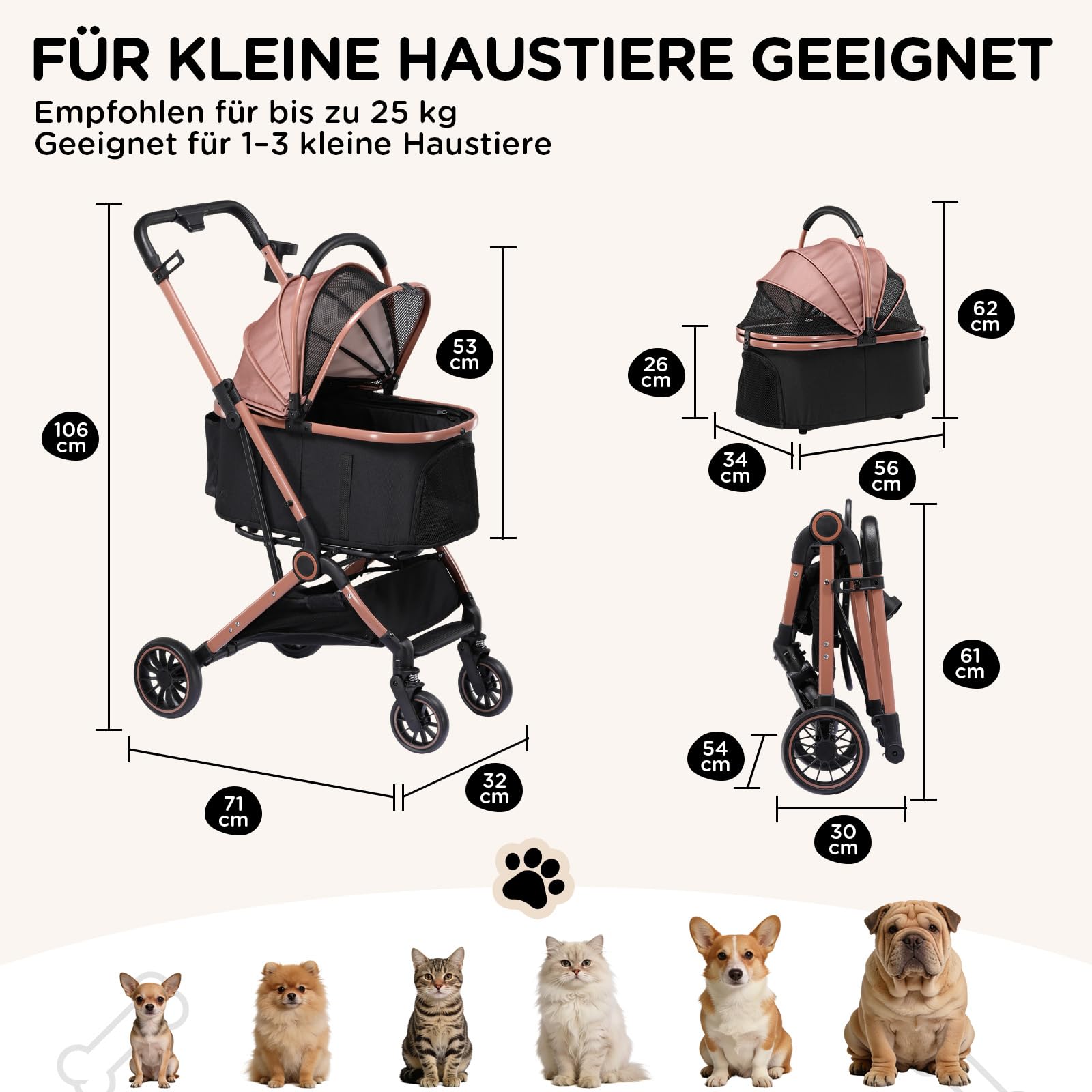 GTPLAYER Hundewagen 4 in 1 Hundebuggy, Hundebox klappbar Hund Kinderwagen bis 25kg, Faltbar Katzenwagen mit 360°Drehrädern, Netzfenstern, Verstellbaren Markise&Getränkehaltern, Roségold
