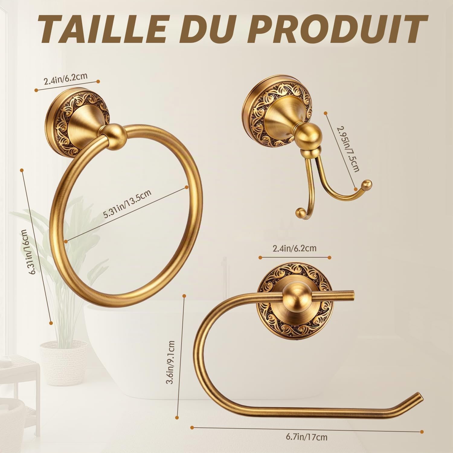 Lot de 3 accessoires de salle de bain en laiton antique, porte-papier toilette, anneau porte-serviette et crochet double pour vêtements et peignoirs, fixation murale rétro robuste vintage pour salle