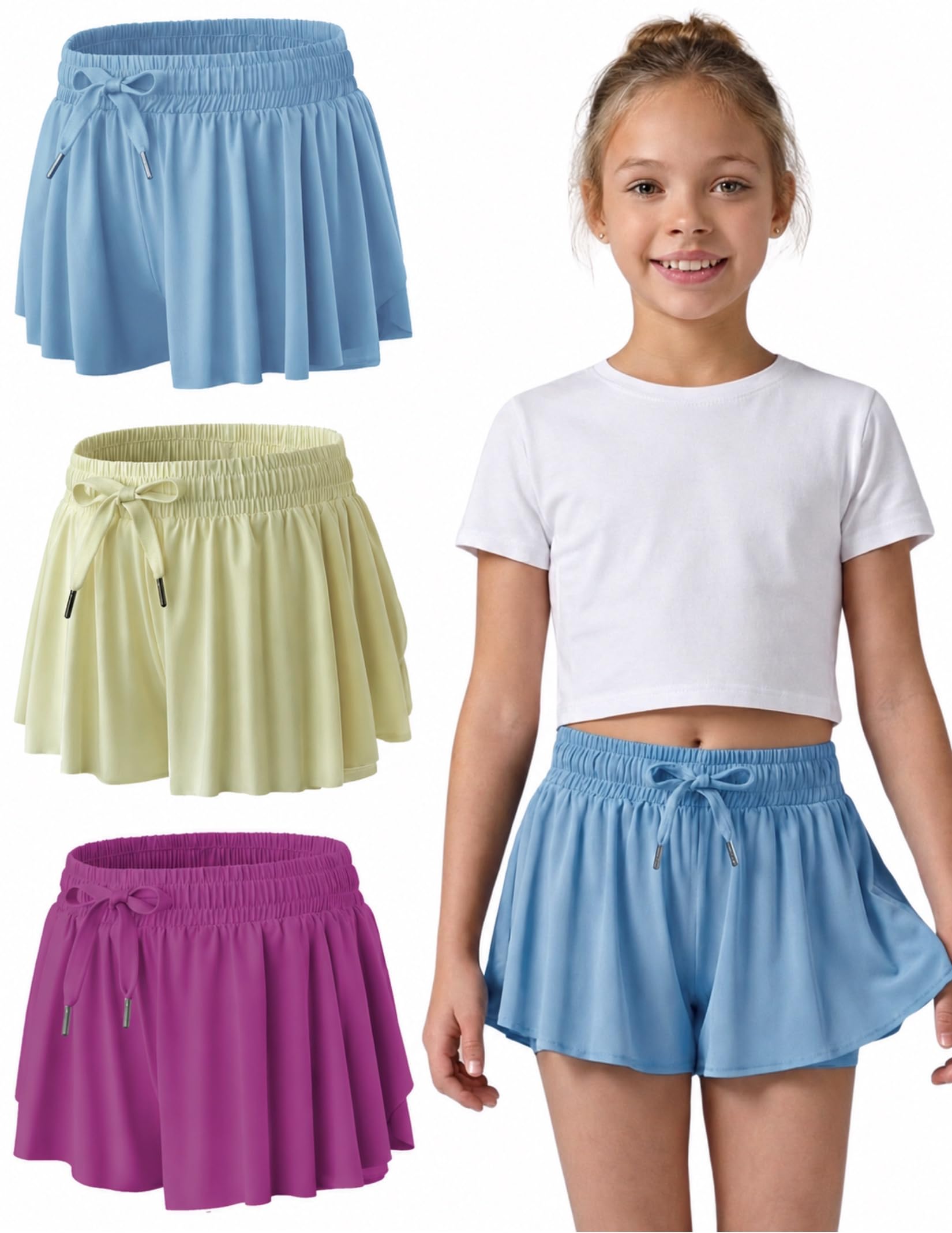 1 or 3 Pack Youth Girls Flowy Shorts with Spandex Liner & Pockets | 2-in-1 Athletic Butterfly Shorts for Kids, Teens, Running Dance Gymnastics Medium Purple Wine/Yellow Pear/Dusk Blue