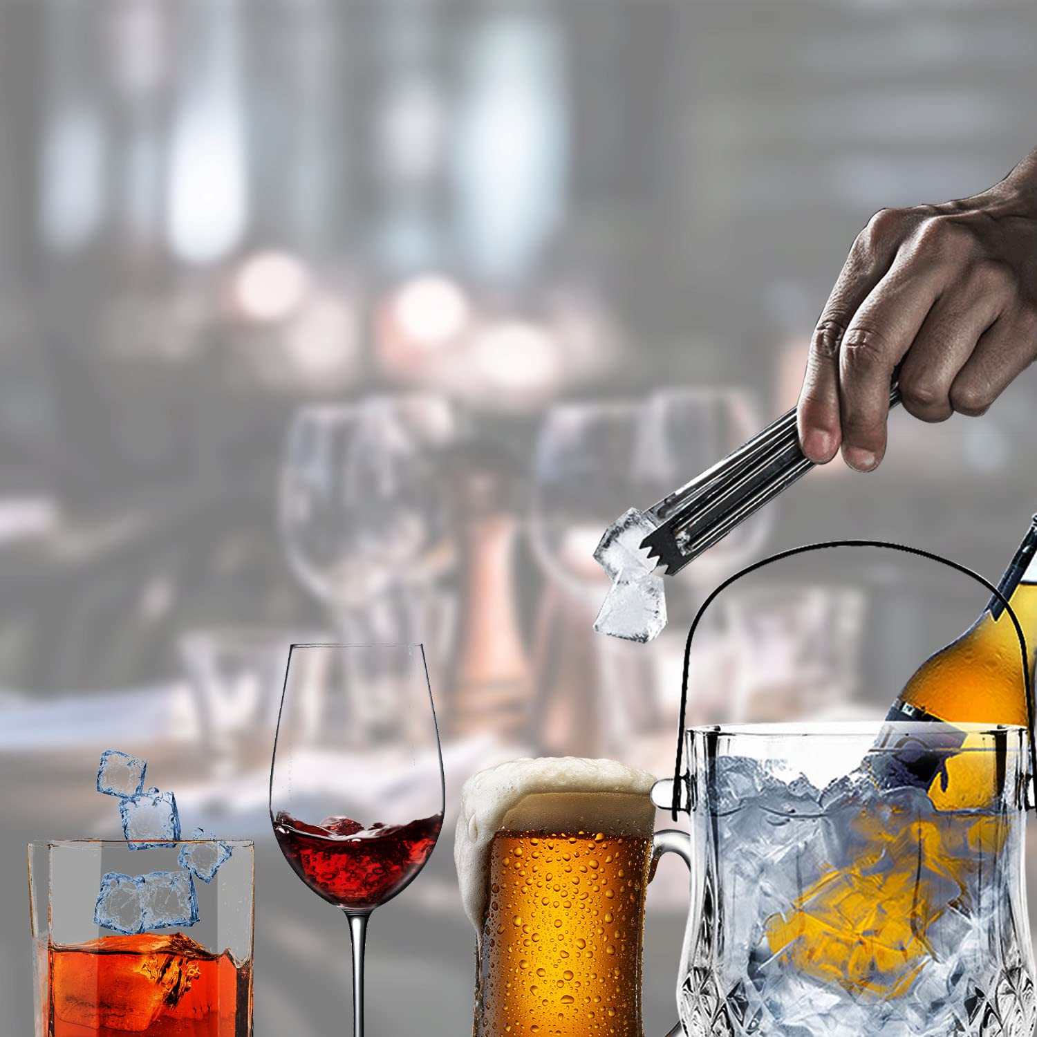 ABHOME Seau à glace en verre avec poignée en acier inoxydable et pince pour bar, fête, cocktail, barbecue dans le jardin, pique-nique, camping – Seau à vin/champagne en verre, transparent (type 1)
