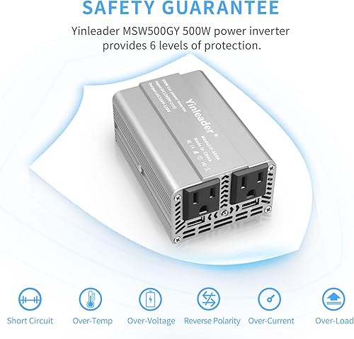 Miniatura 7 de Yinleader Inversor de corriente de coche de 500 vatios 12V a 110V DC a AC Convertidor, inversor de coche con puertos USB duales 3.1A