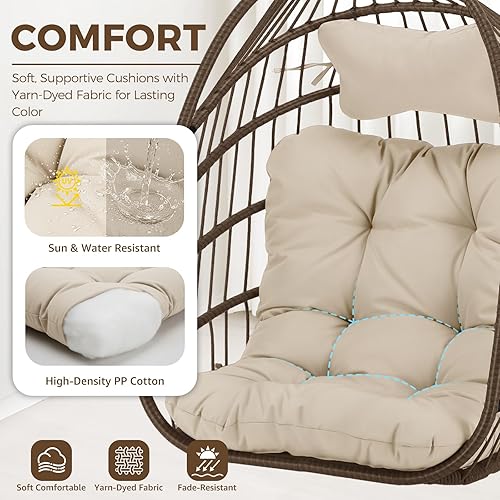 Miniatura 5 de NICESOUL Silla colgante exterior con forma de huevo sin soporte, sillas de columpio de mimbre para patio con cojines acolchados, silla en forma de