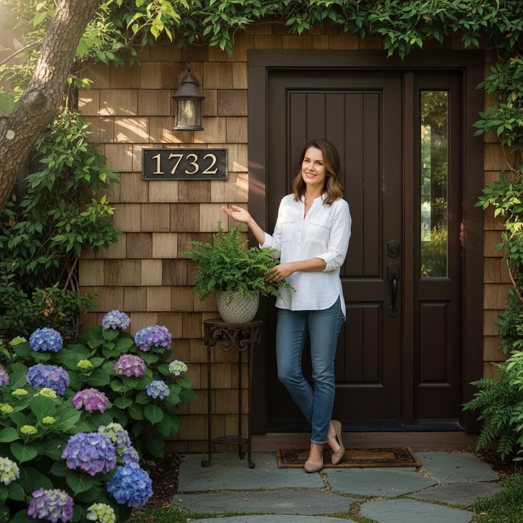 Personalized Black Address Plaque with Matte Brass Numbers – Custom House Number Sign for Front Door, Outdoor Wall or Entryway, Modern Home Address Plate (12"x25"Inches)