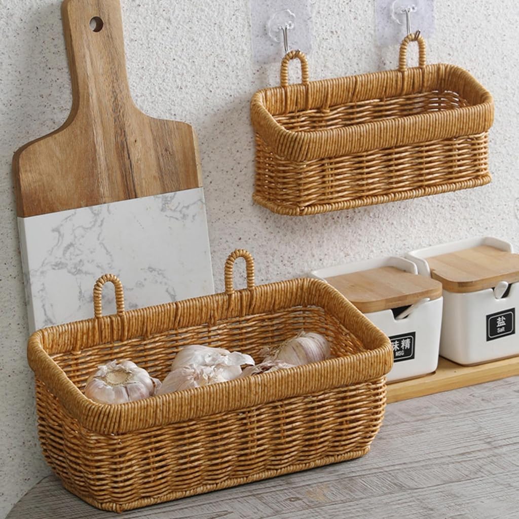 Woven Kitchen Storage Basket Wall Hanging Organizer for Vegetables, Garlic, Ginger, Breathable Wicker Container for Pantry, Cabinet, or Wall Mount, Farmhouse Style