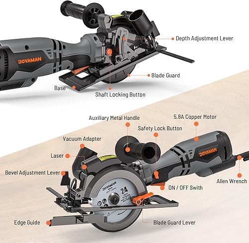 Miniatura 8 de DOVAMAN Sierra circular de 5.8A 4-1/2" con láser, mango auxiliar de metal, 6 cuchillas (4½", 4¾"), profundidad de corte 1-11/16" (90°), 1-3/8" b-Gris