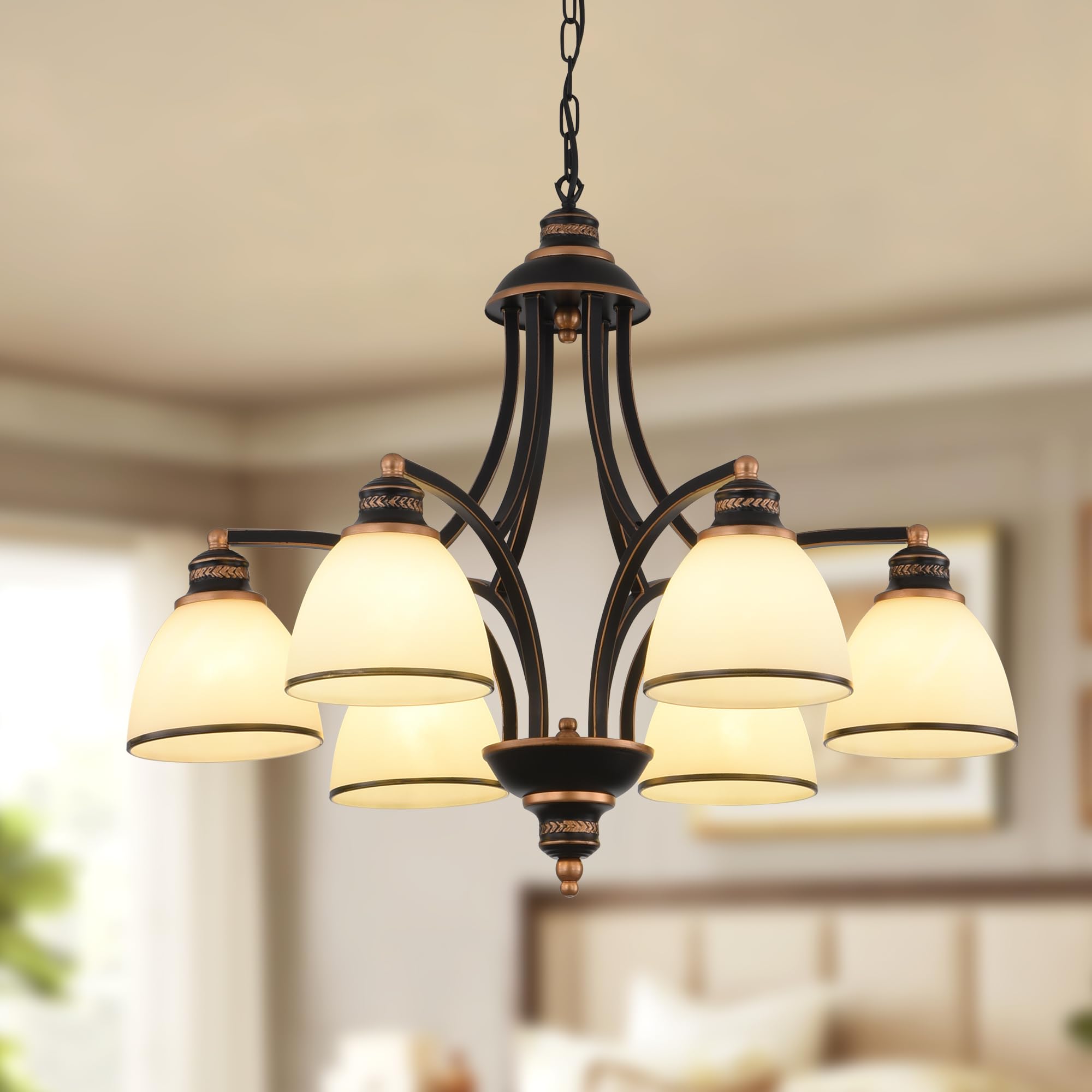 Ganeed Vintage 6-Light Chandeliers, Rustic Bronze Finish & Frosted Glass Shades Ceiling Pendant Lighting Fixture, Farmhouse Semi Flush Mount Hanging Lamp for Kitchen Island, Living Room, Dining Room