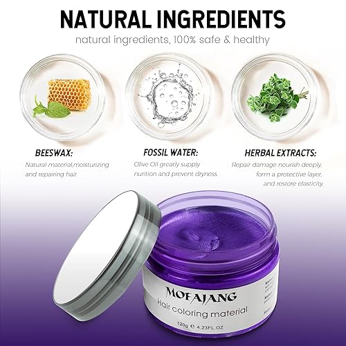 Miniatura 7 de Cera temporal púrpura para teñir el cabello, pomadas de cera de color natural instantáneo, 4.23 onzas, arcilla para peinar el cabello para fiestas,