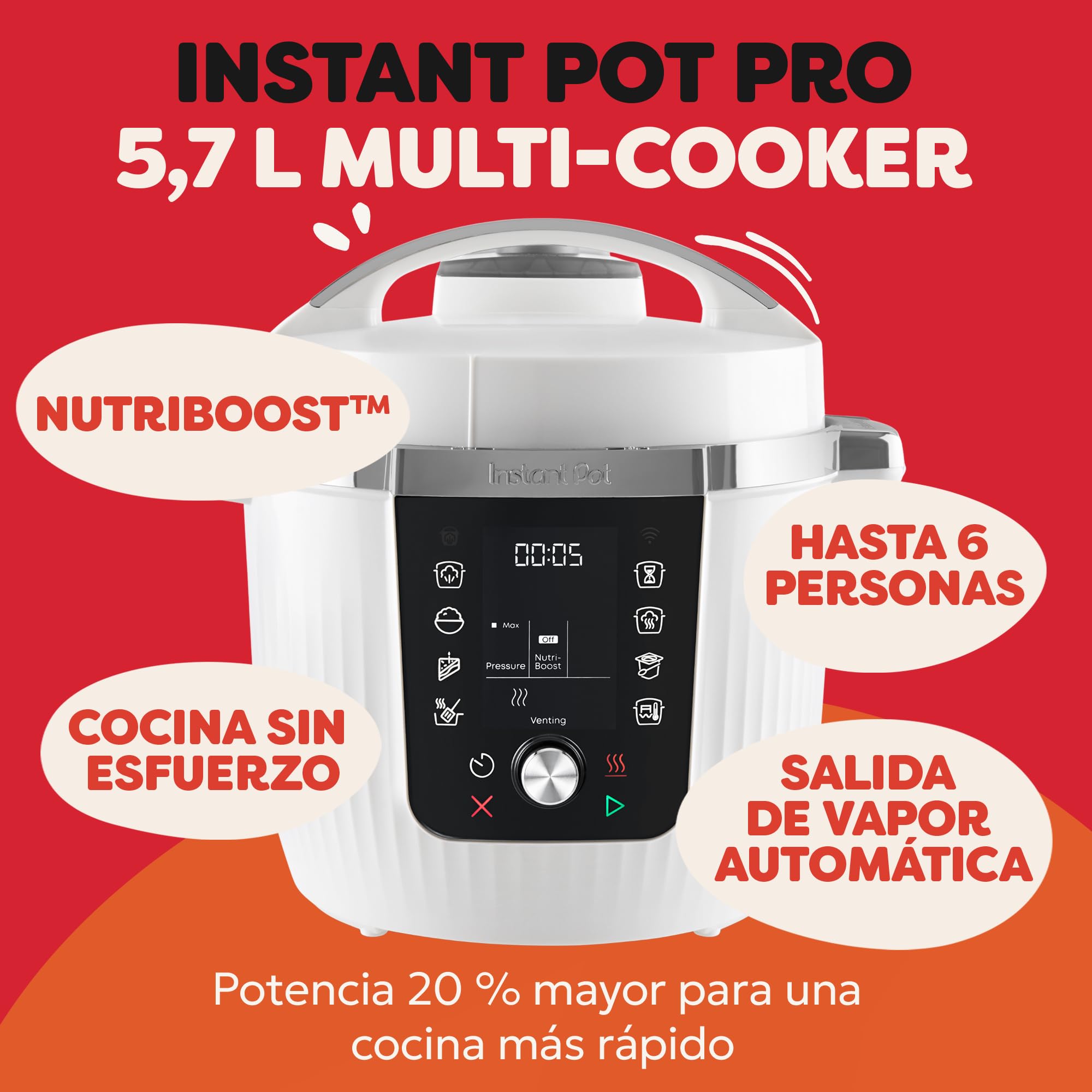 Instant Pot Pro Olla multifunción 10 en 1, 5,7L, Blanca, olla a presión, olla de cocción lenta, arrocera, sartén, yogurtera, calentador de alimentos, olla de cocción al vacío, vaporera, horno, NutriBo