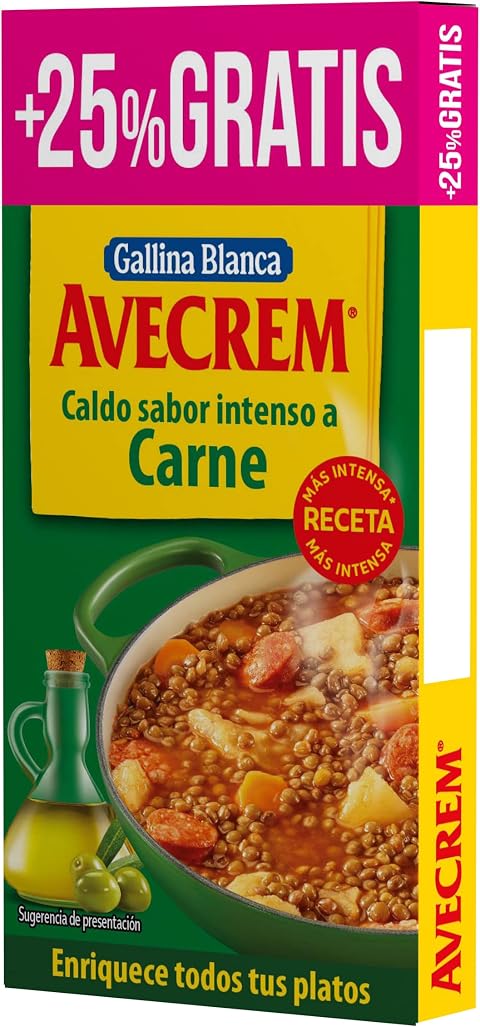 GALLINA BLANCA Avecrem Caldo Sabor a Carne | Hecho con Hortalizas, Hierbas Aromáticas y Aceite de Oliva Virgen Extra. Bajo en Grasa, Sin Gluten, Sin Conservantes, Sin Colorantes - 10 Pastillas