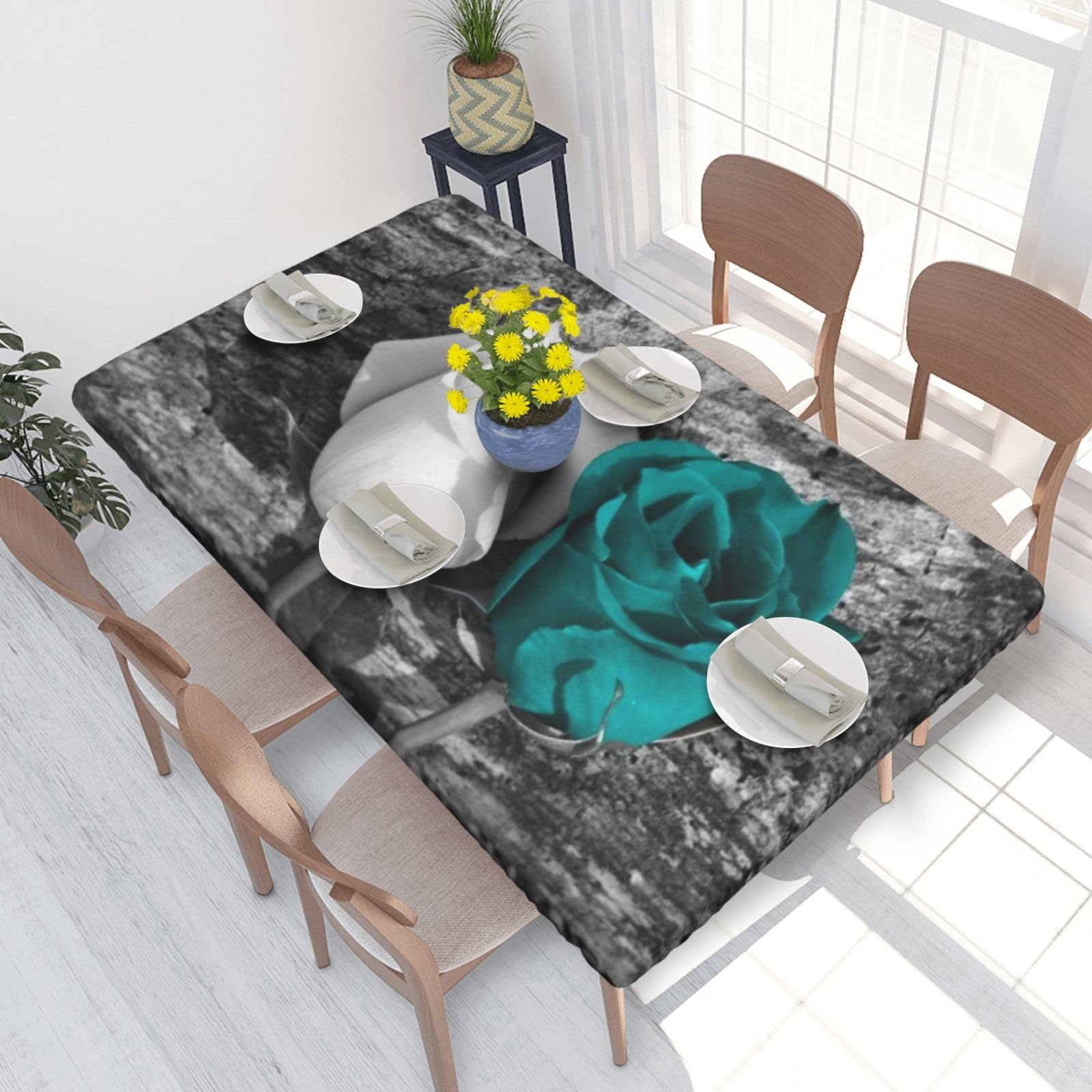 BNVSADC Teal Gray Rose Printed 4FT Tablecloth 122x76 CM Polyester Kitchen Water Resistant Table Cloth Dining Table Decoration Table Covers