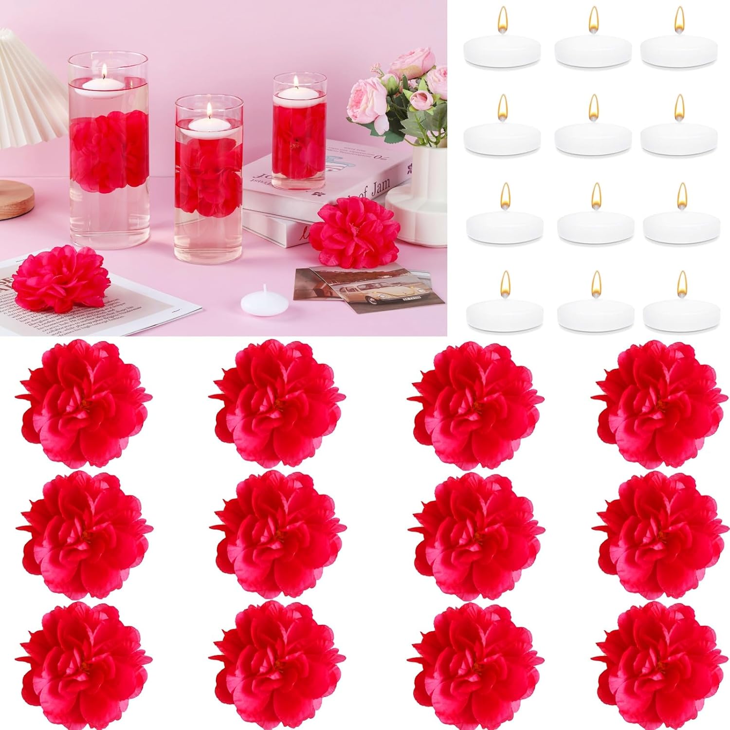 24 Pcs Floating Candles for Centerpieces and Floating Flowers for Centerpieces Pink Artificial Flowers Vase Fillers for Wedding Table Party Home Decoration