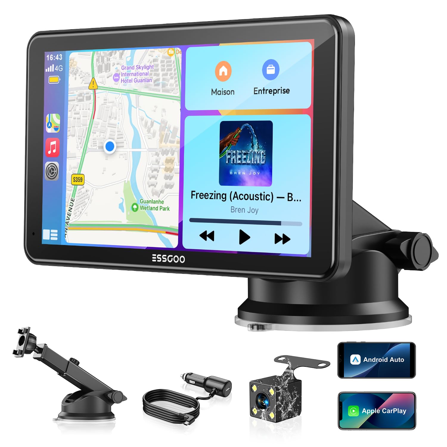 ESSGOO 7 Pouces Écran Voiture CarPlay sans Fil avec Caméra de Recul