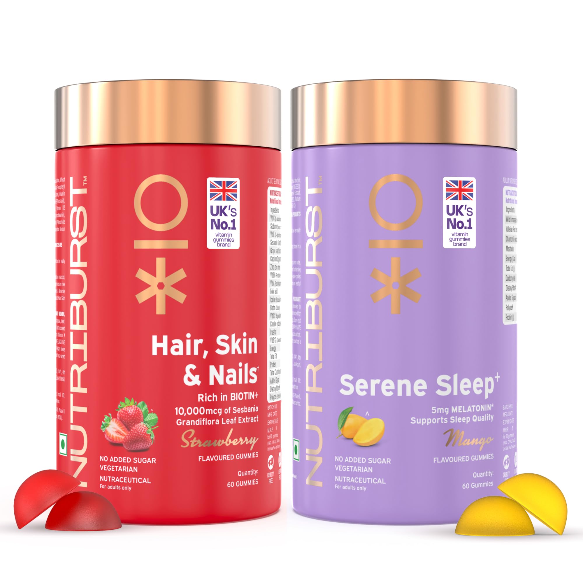Nutriburst Beauty Sleep Combo: Hair, Skin & Nails Biotin Gummies + Serene Sleep Melatonin Gummies for Radiant Skin, Stronger Hair, and Restful Sleep | Beauty, Relaxation & Wellness | No Added Sugar (Pack of 2X60)-image-1