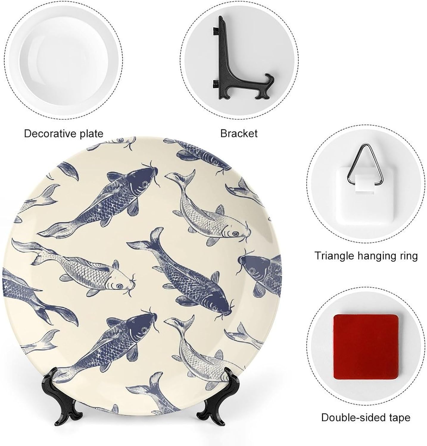 Fish Bone China Decorative Plate for Art Crafts, Chinese Style Decorative Dish with Stand, Hanging Ceramic Plates Ornaments 7inch for Home, Office, Wall Decor image 3
