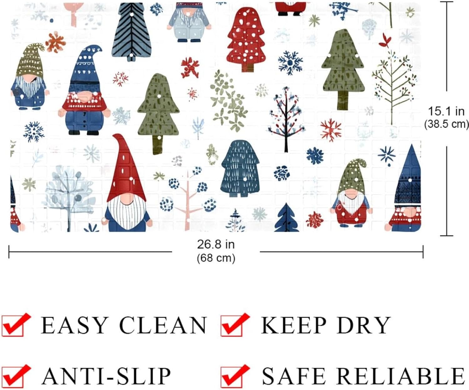 Bath Tub Mat Non Slip 15.1 x 26.8 Inch, Seamless Christmas Gnomes Forest Trees and Snowflakes Eco Friendly Bathmat with Suction Cups Drain Holes Shower Tub Mats